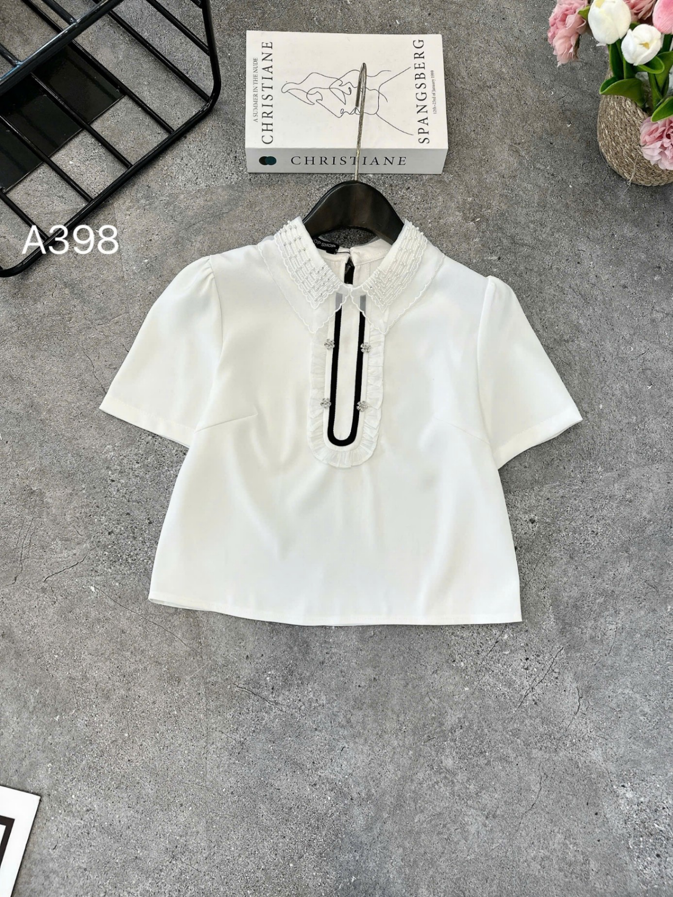 A398 áo cổ ren bèo cườm