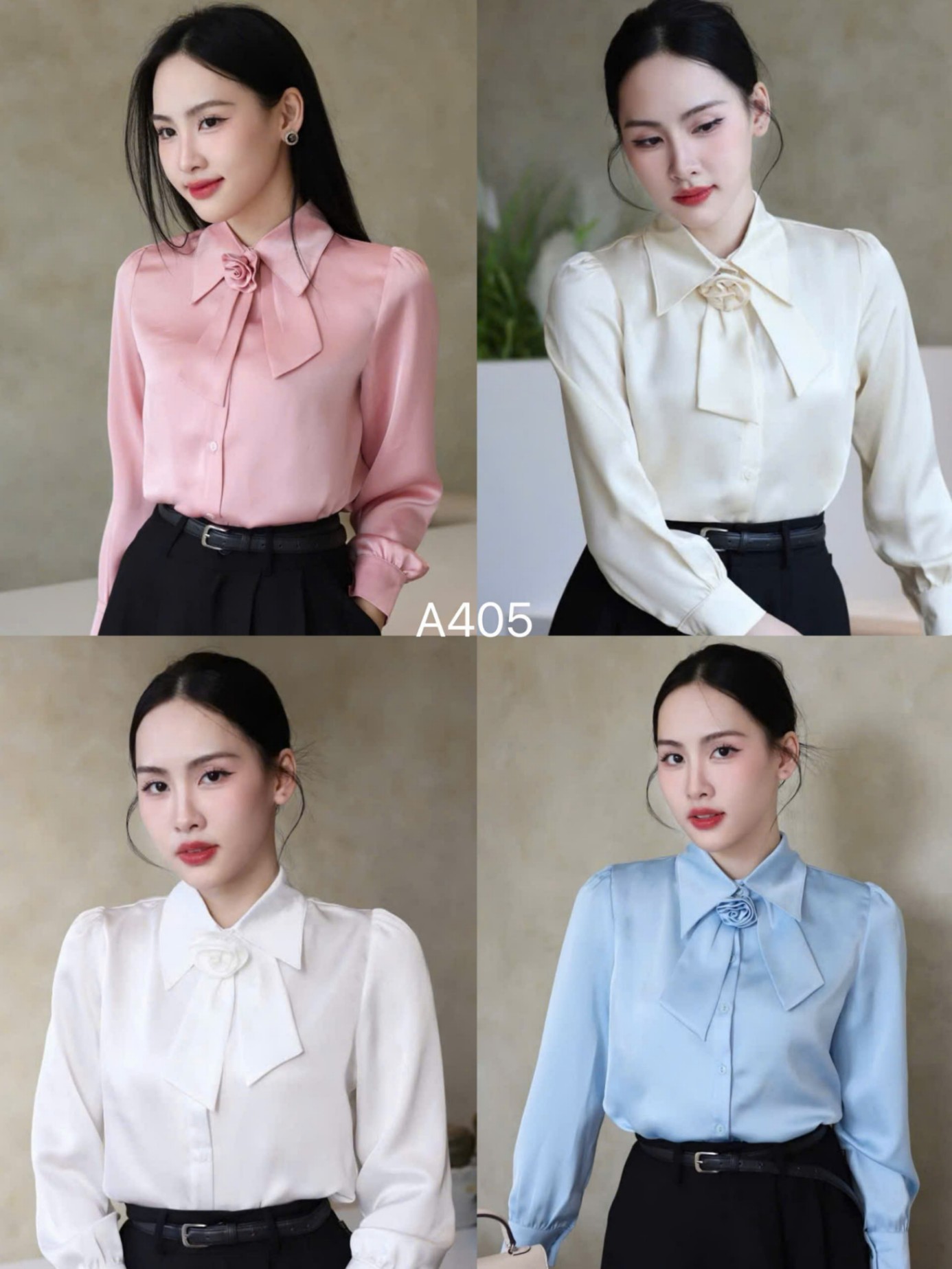 A405 áo lụa dài cổ phối hoa