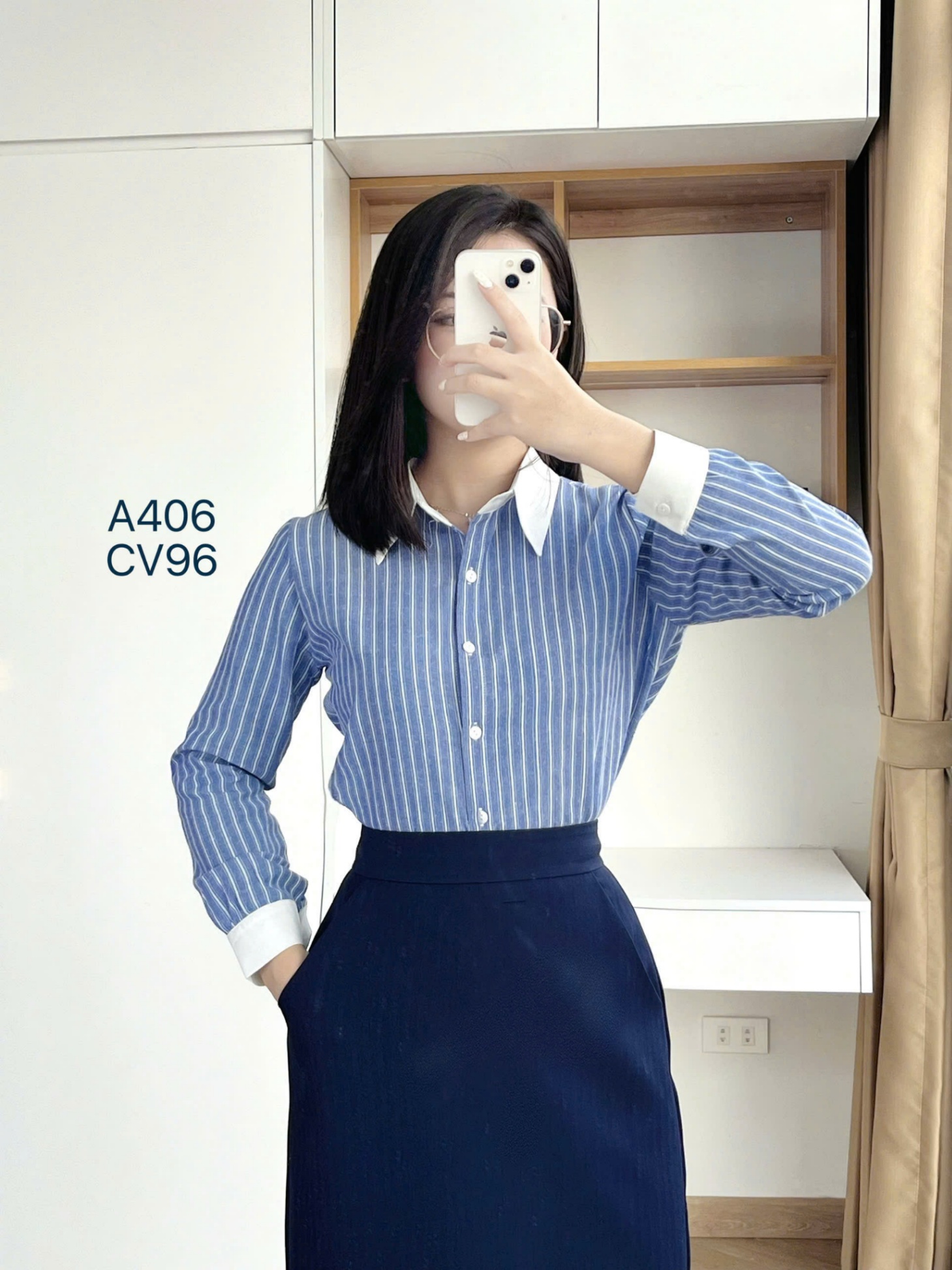 A406 áo kẻ dài cổ trắng