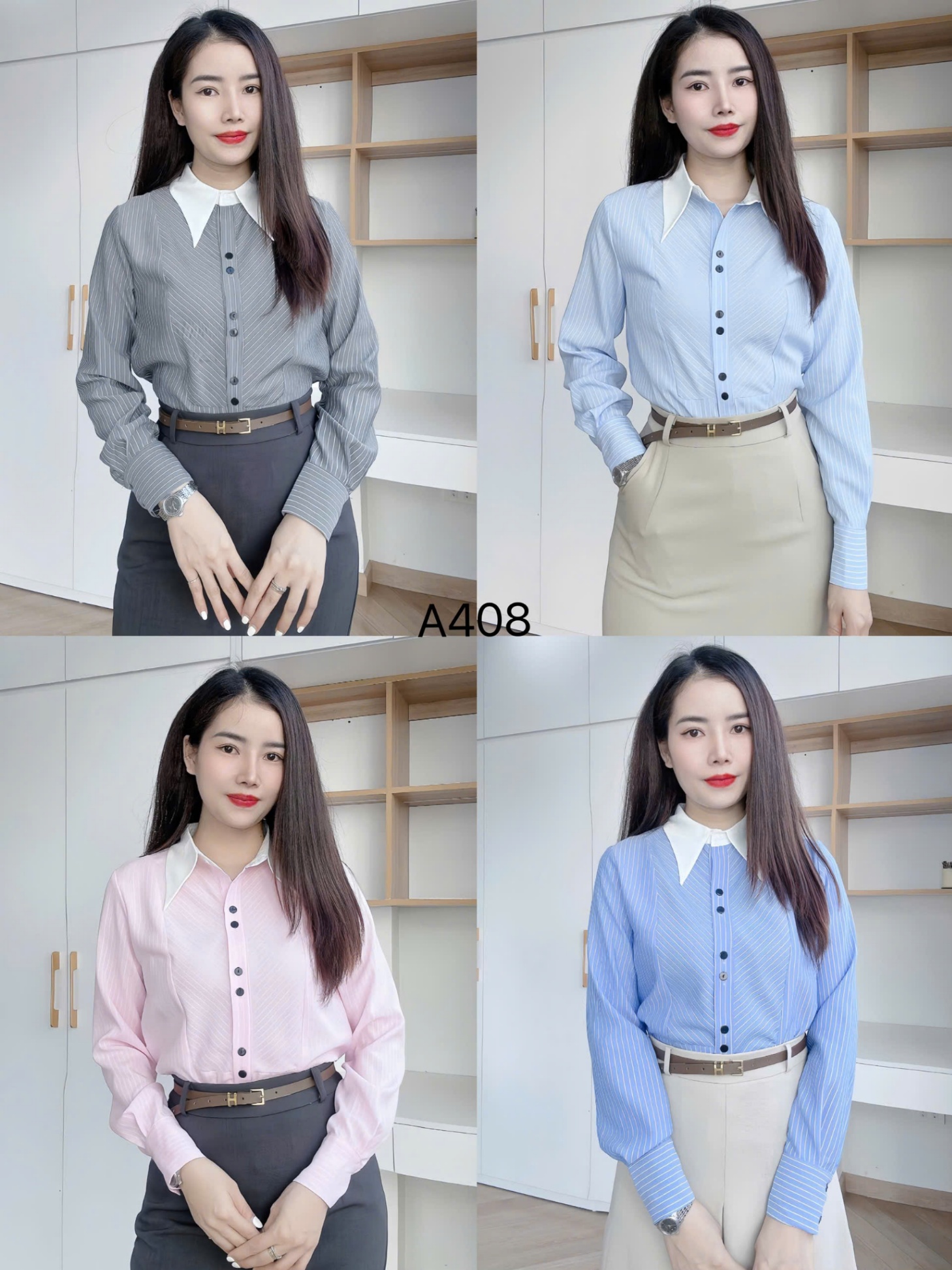 A408 Áo sơ mi kẻ tay dài cổ nhọn
