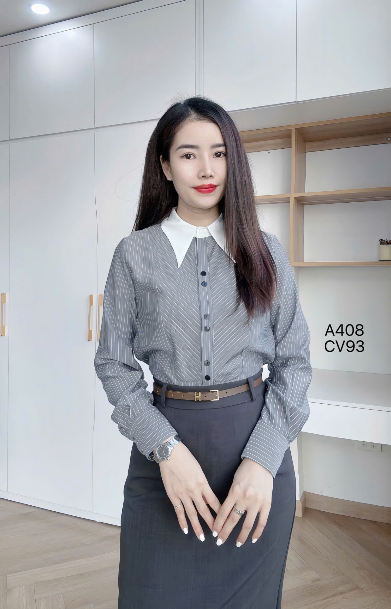 A408 Áo sơ mi kẻ tay dài cổ nhọn