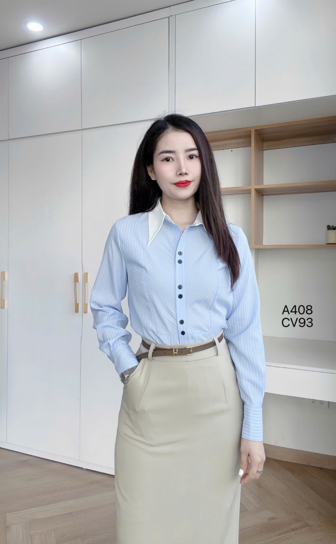A408 Áo sơ mi kẻ tay dài cổ nhọn