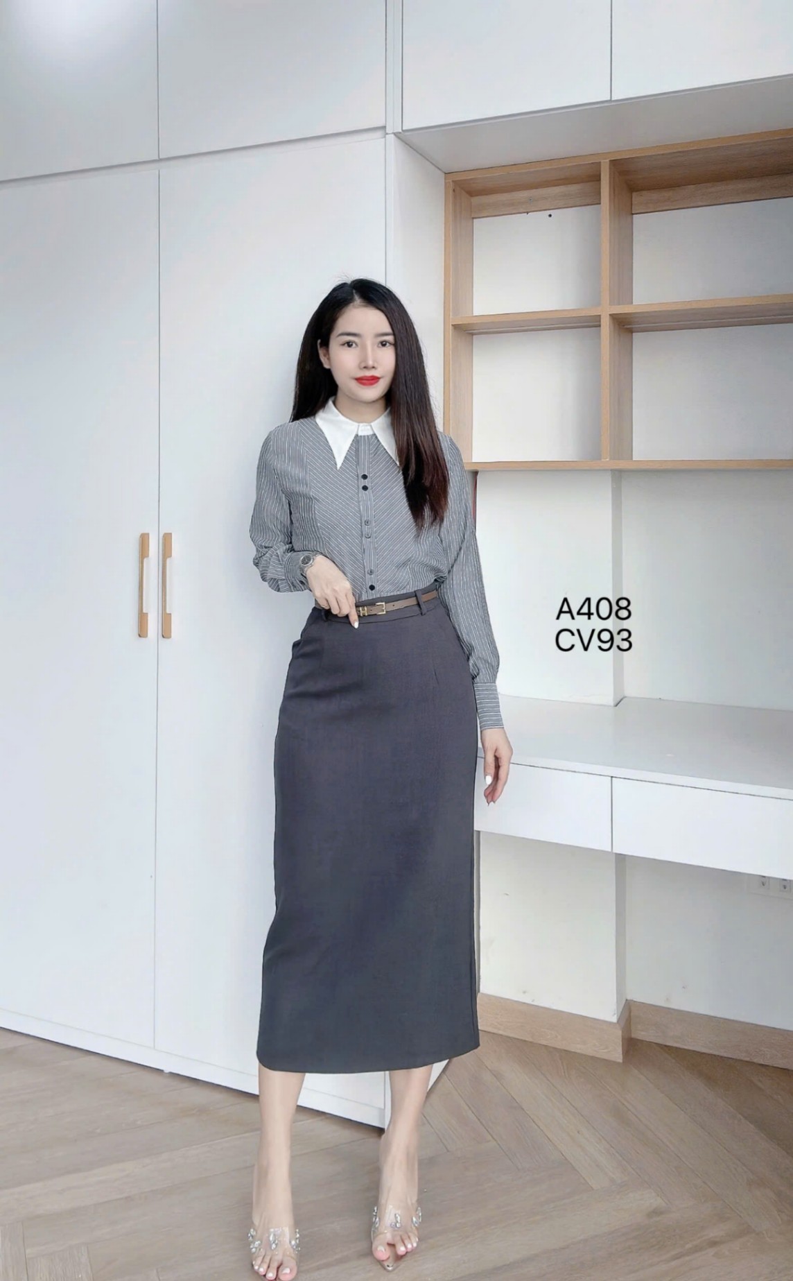 A408 Áo sơ mi kẻ tay dài cổ nhọn