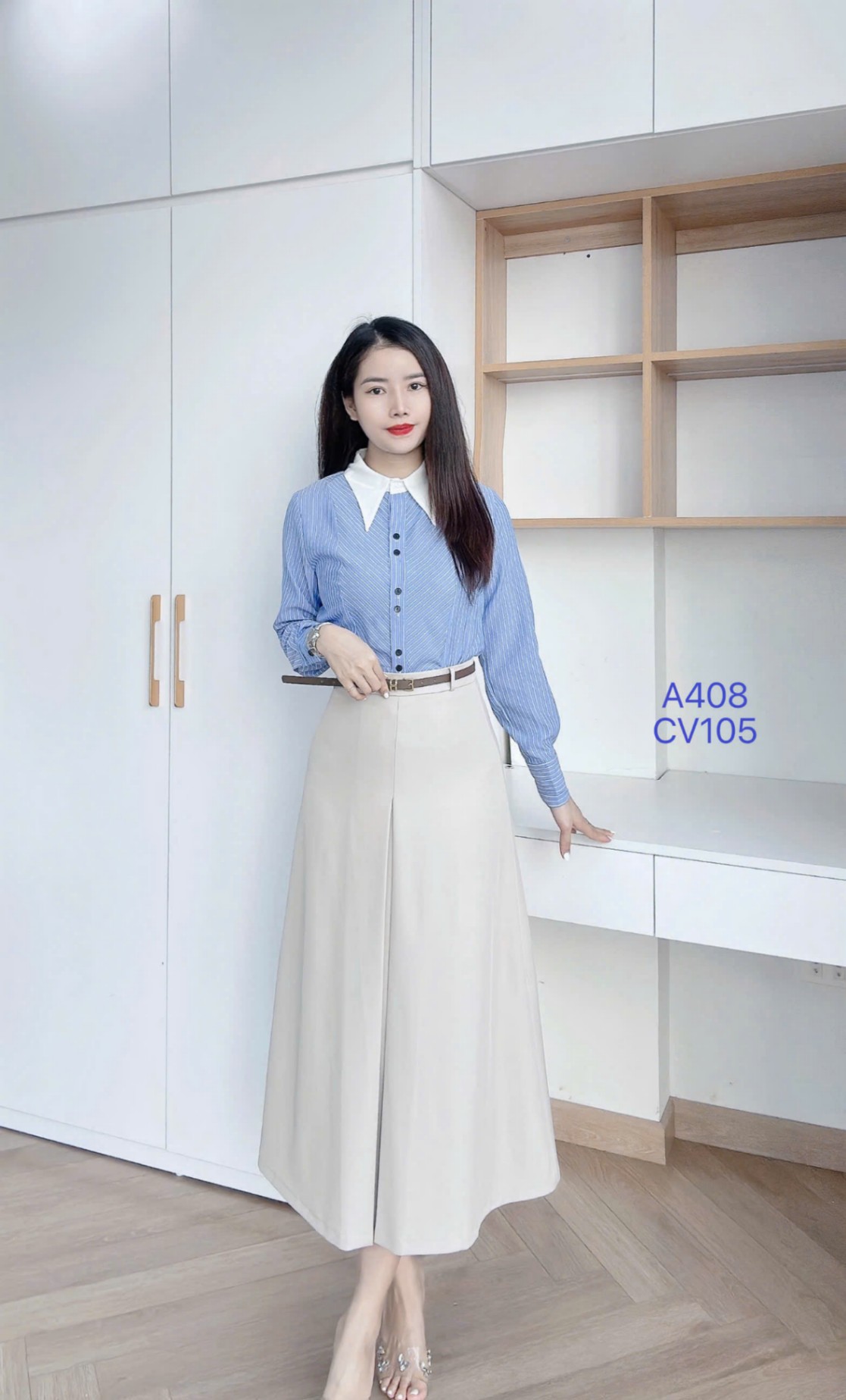 A408 Áo sơ mi kẻ tay dài cổ nhọn