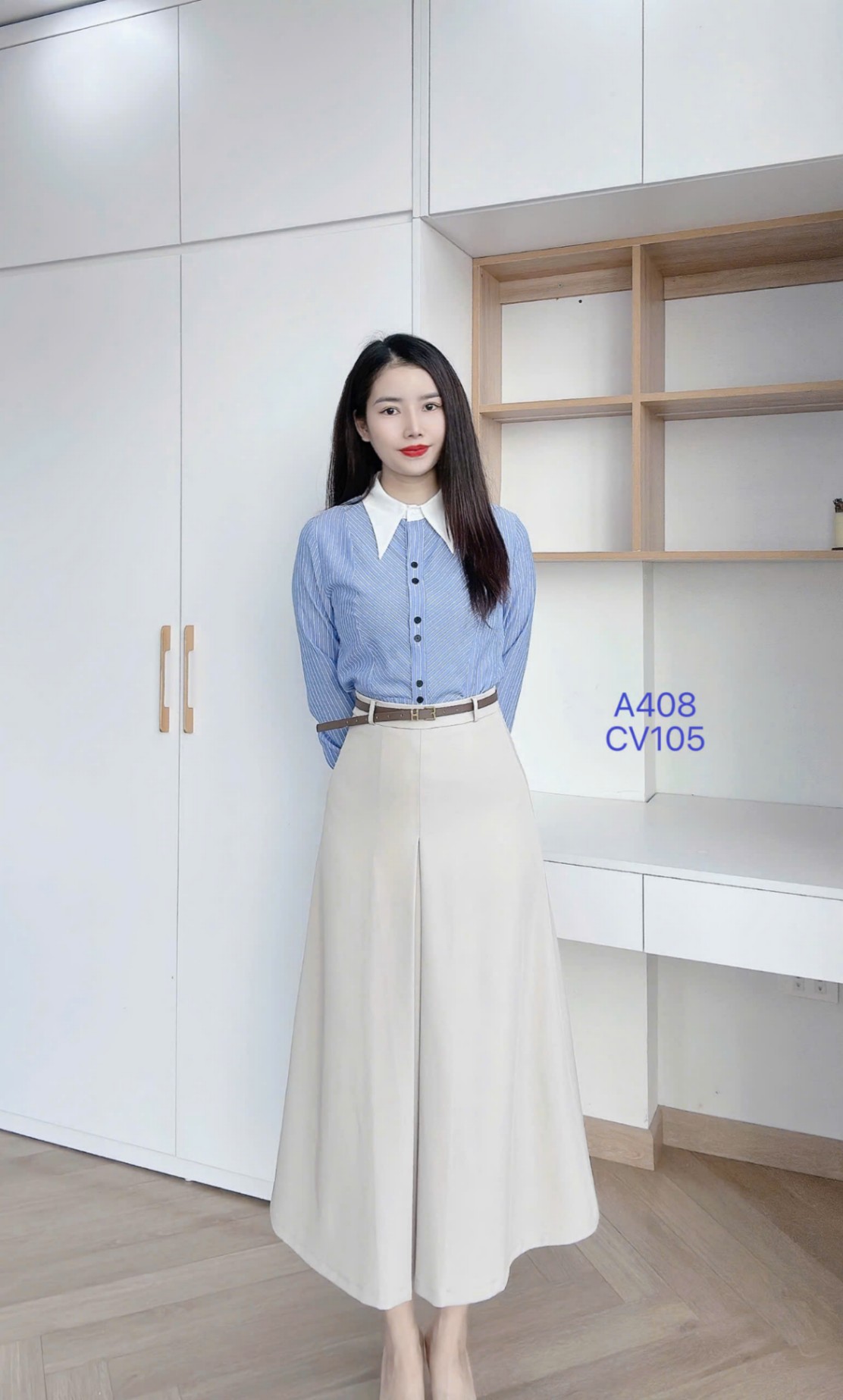 A408 Áo sơ mi kẻ tay dài cổ nhọn