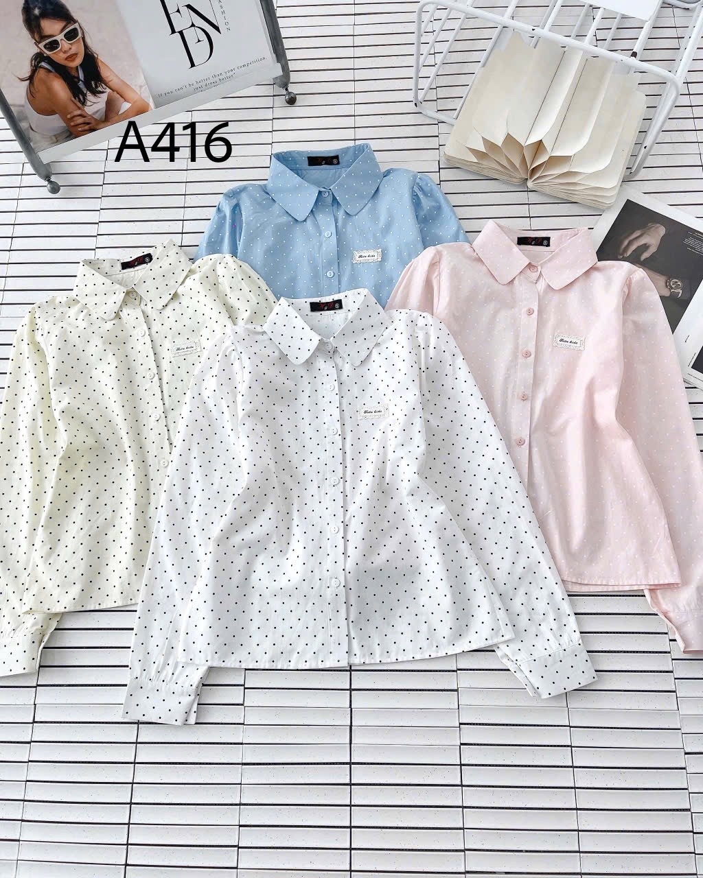 A416 Áo sơ mi chấm bi tay dài thêu tag