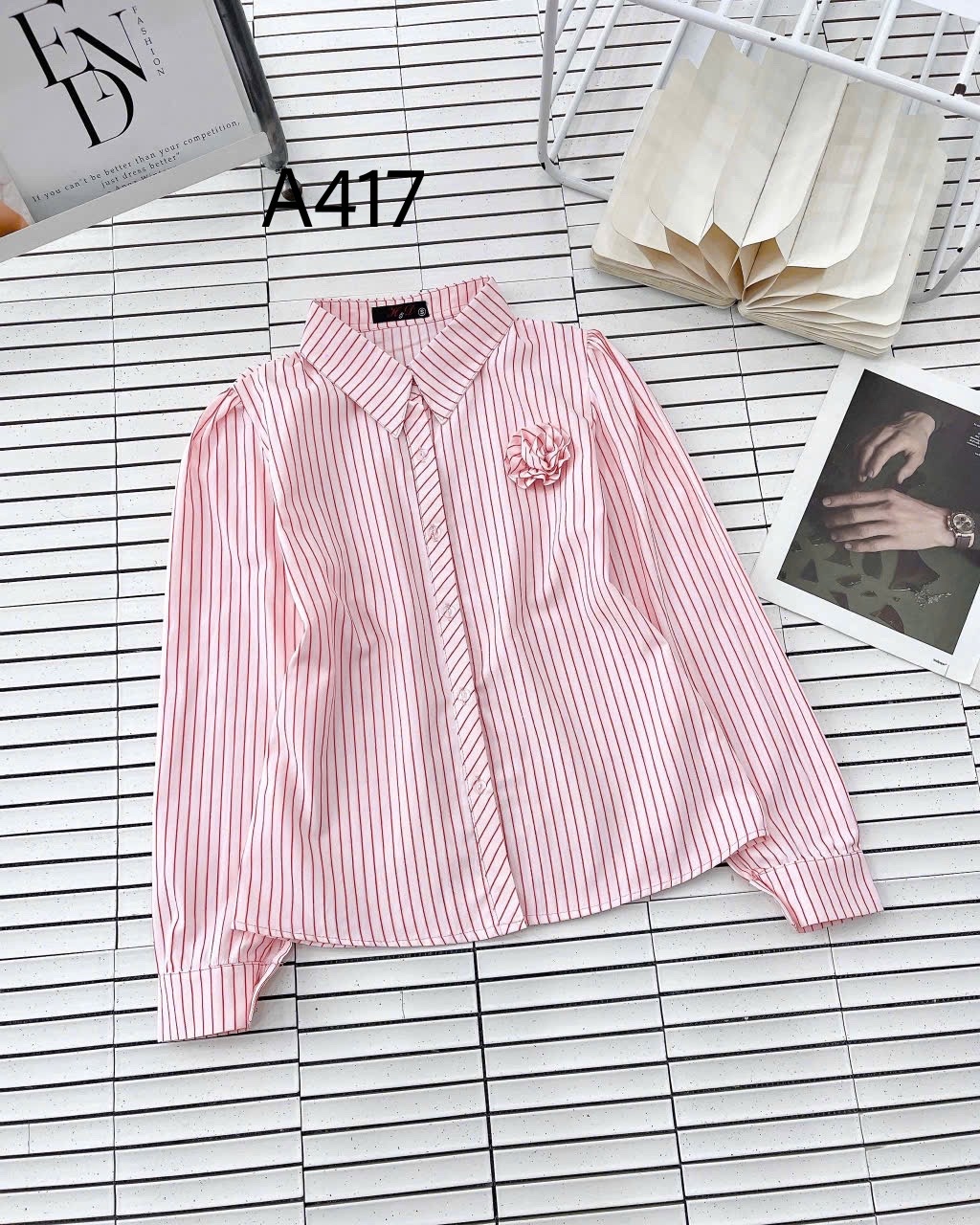 A417 Áo sơ mi kẻ tay dài hoa cuộn