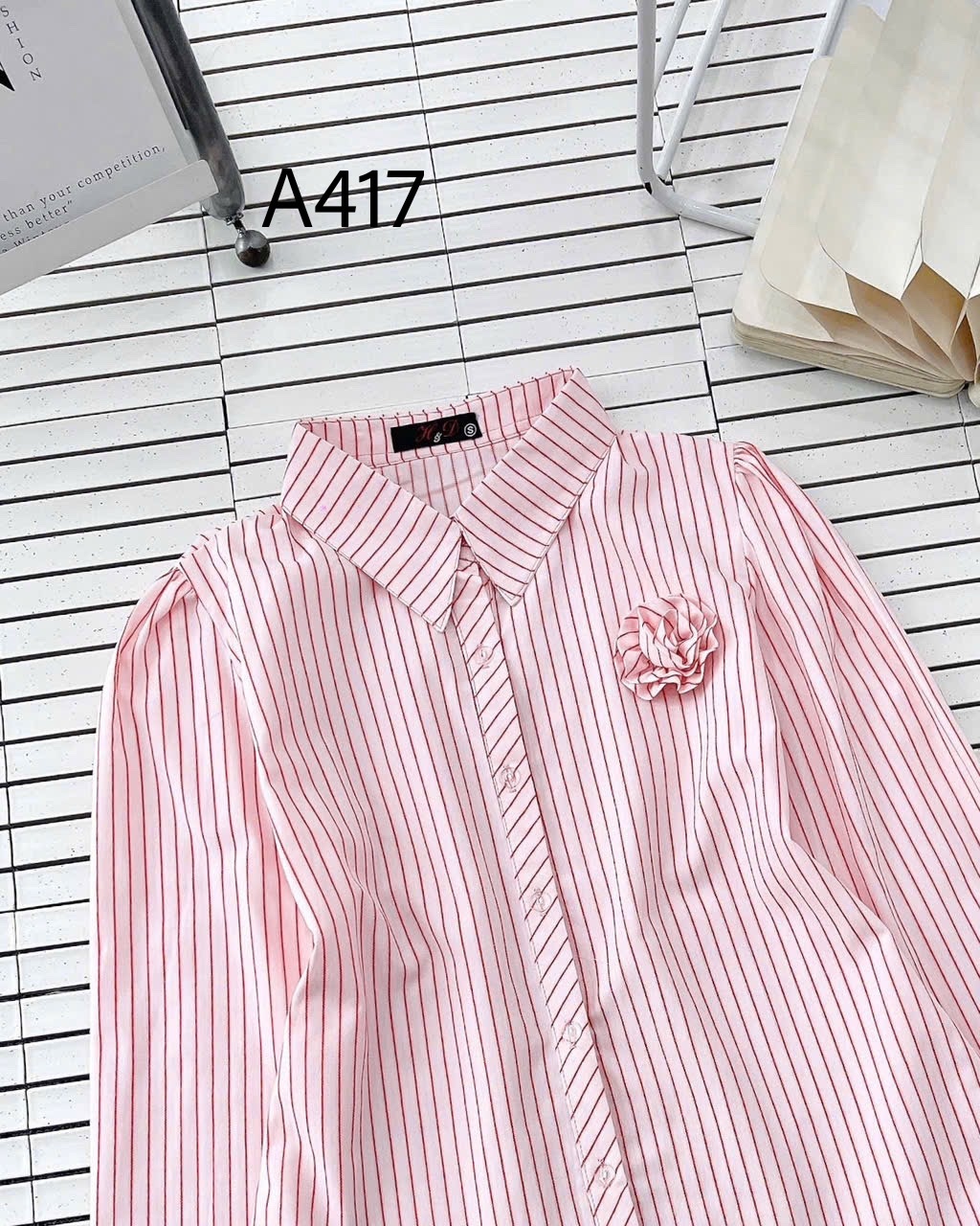 A417 Áo sơ mi kẻ tay dài hoa cuộn