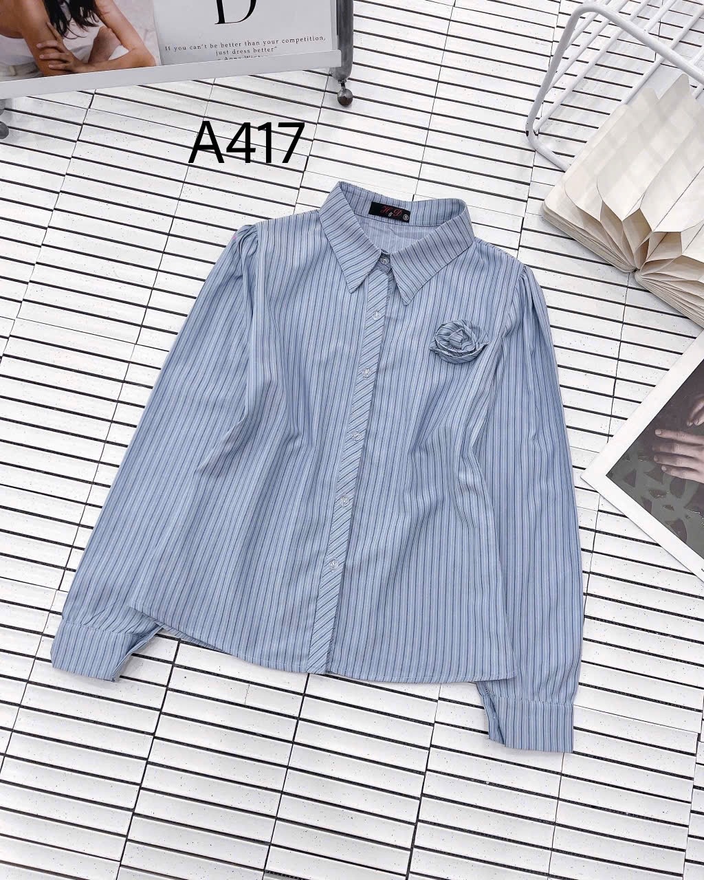 A417 Áo sơ mi kẻ tay dài hoa cuộn