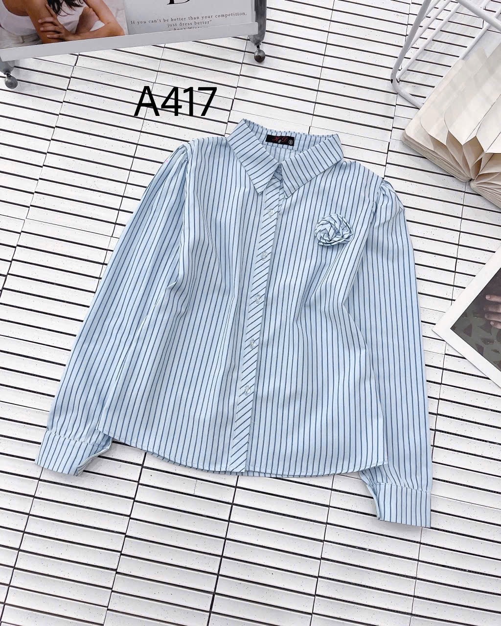 A417 Áo sơ mi kẻ tay dài hoa cuộn