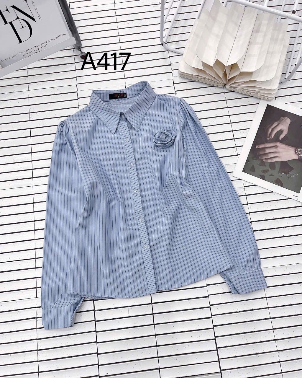 A417 Áo sơ mi kẻ tay dài hoa cuộn