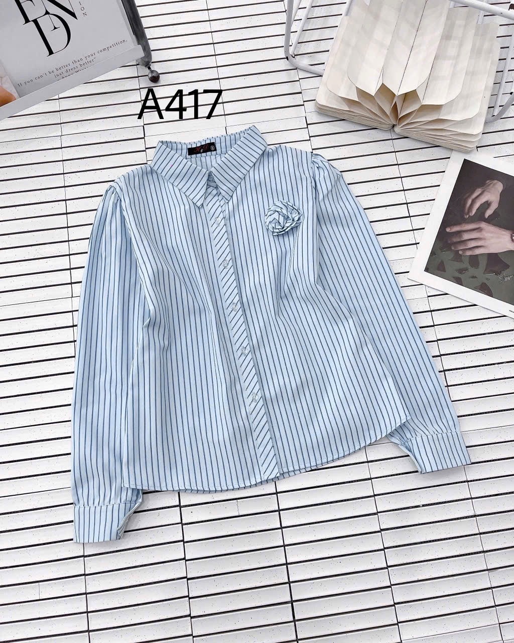 A417 Áo sơ mi kẻ tay dài hoa cuộn