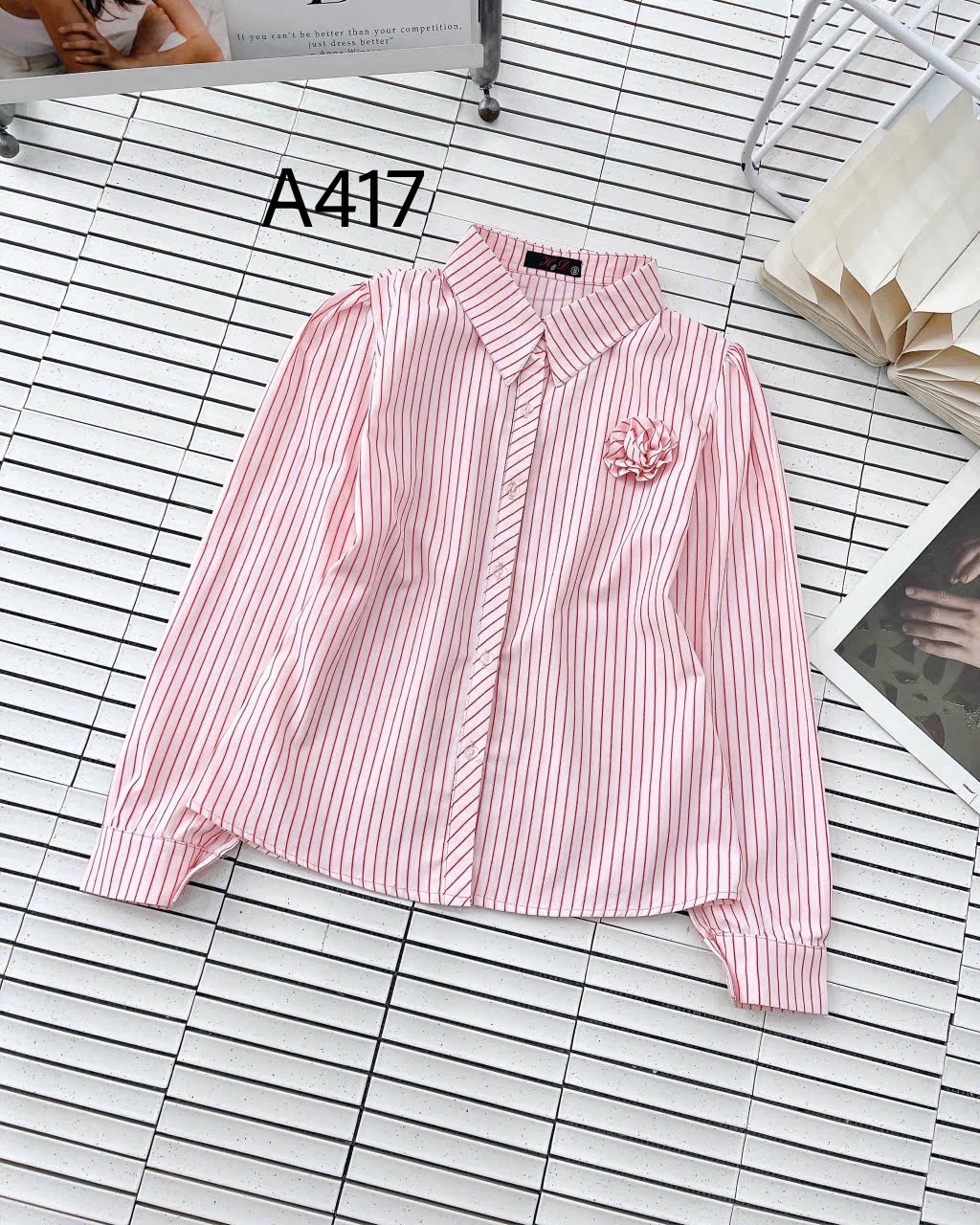 A417 Áo sơ mi kẻ tay dài hoa cuộn