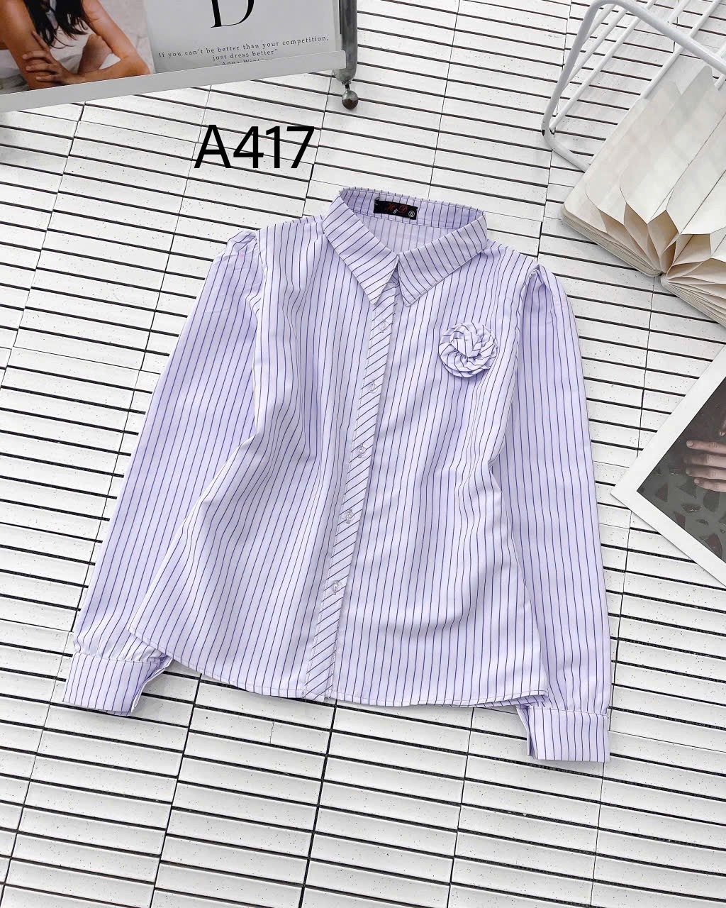 A417 Áo sơ mi kẻ tay dài hoa cuộn