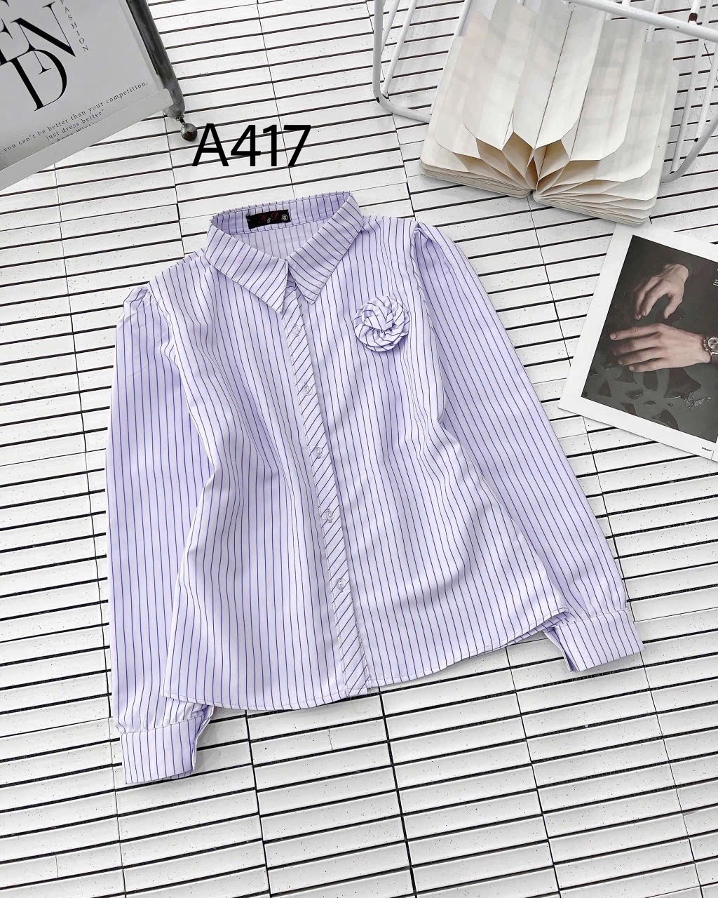A417 Áo sơ mi kẻ tay dài hoa cuộn