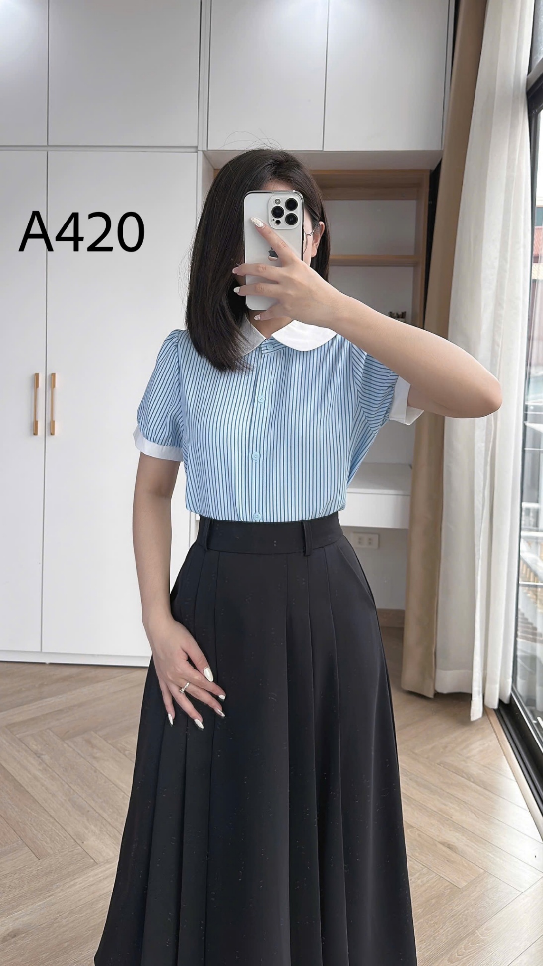A420 Áo sơ mi kẻ cổ tròn