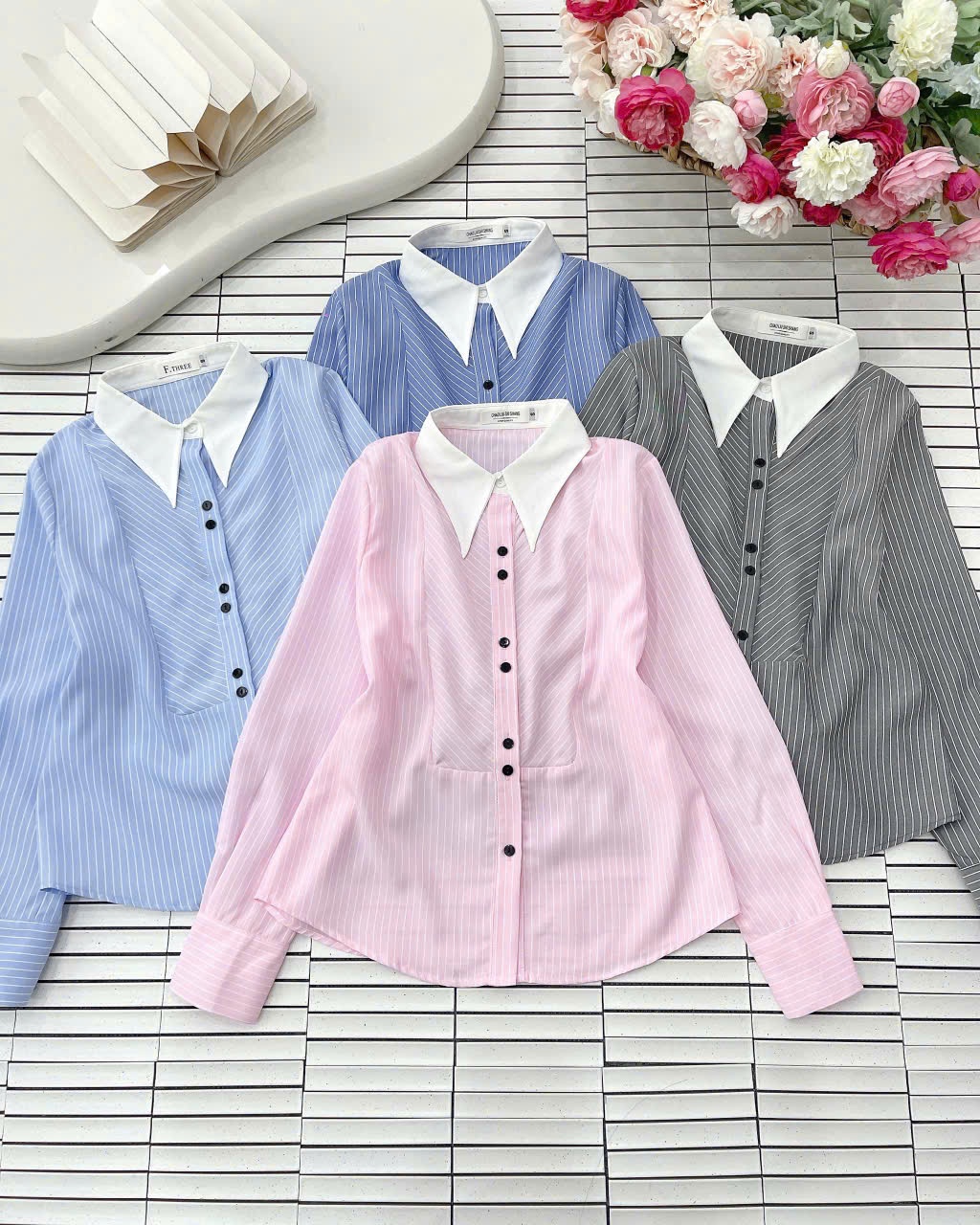 A408 Áo sơ mi kẻ tay dài cổ nhọn