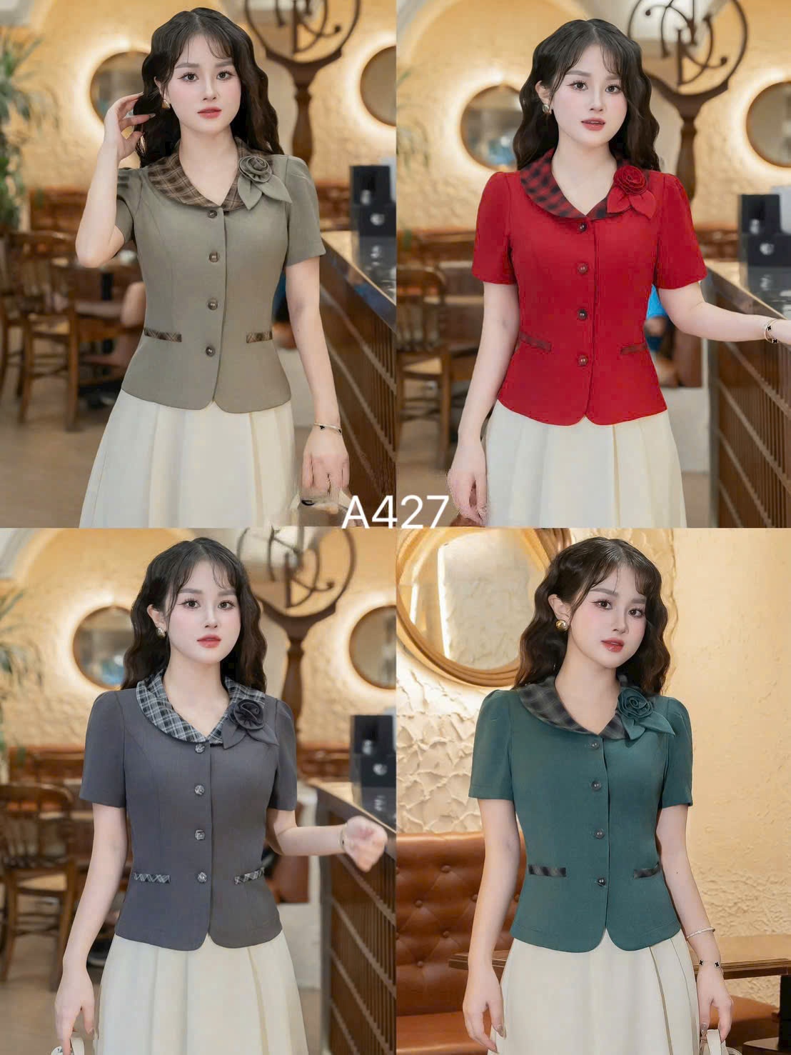 A427 áo kí giả cổ kẻ phối hoa