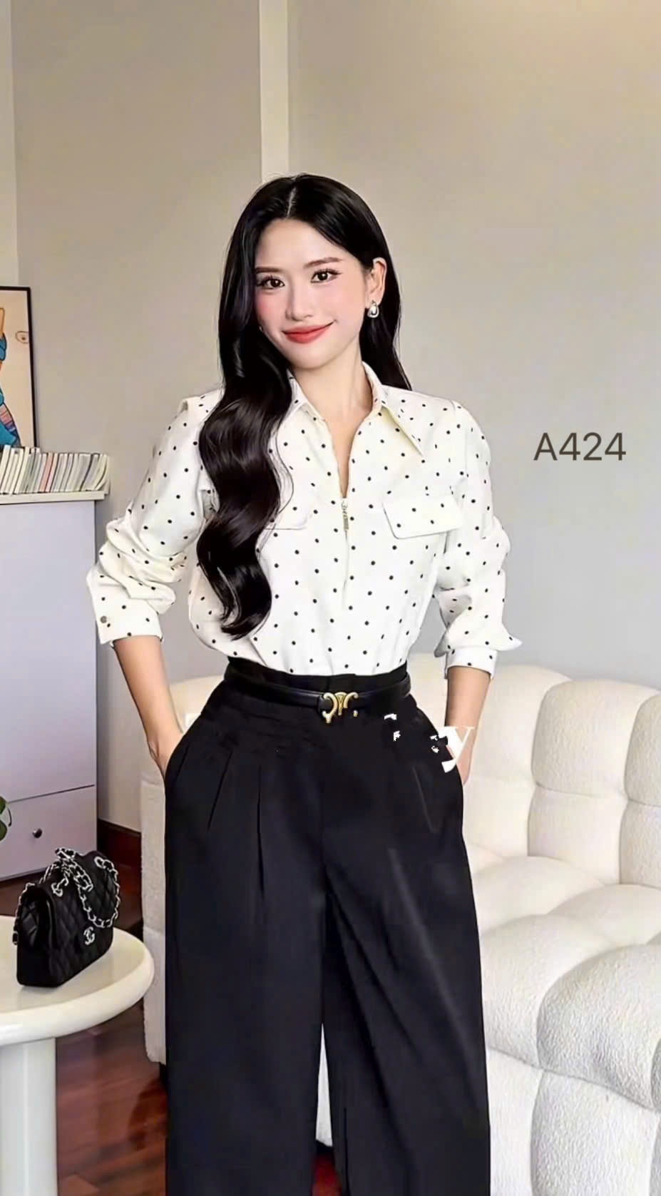 A424 áo chấm bi khóa ngực