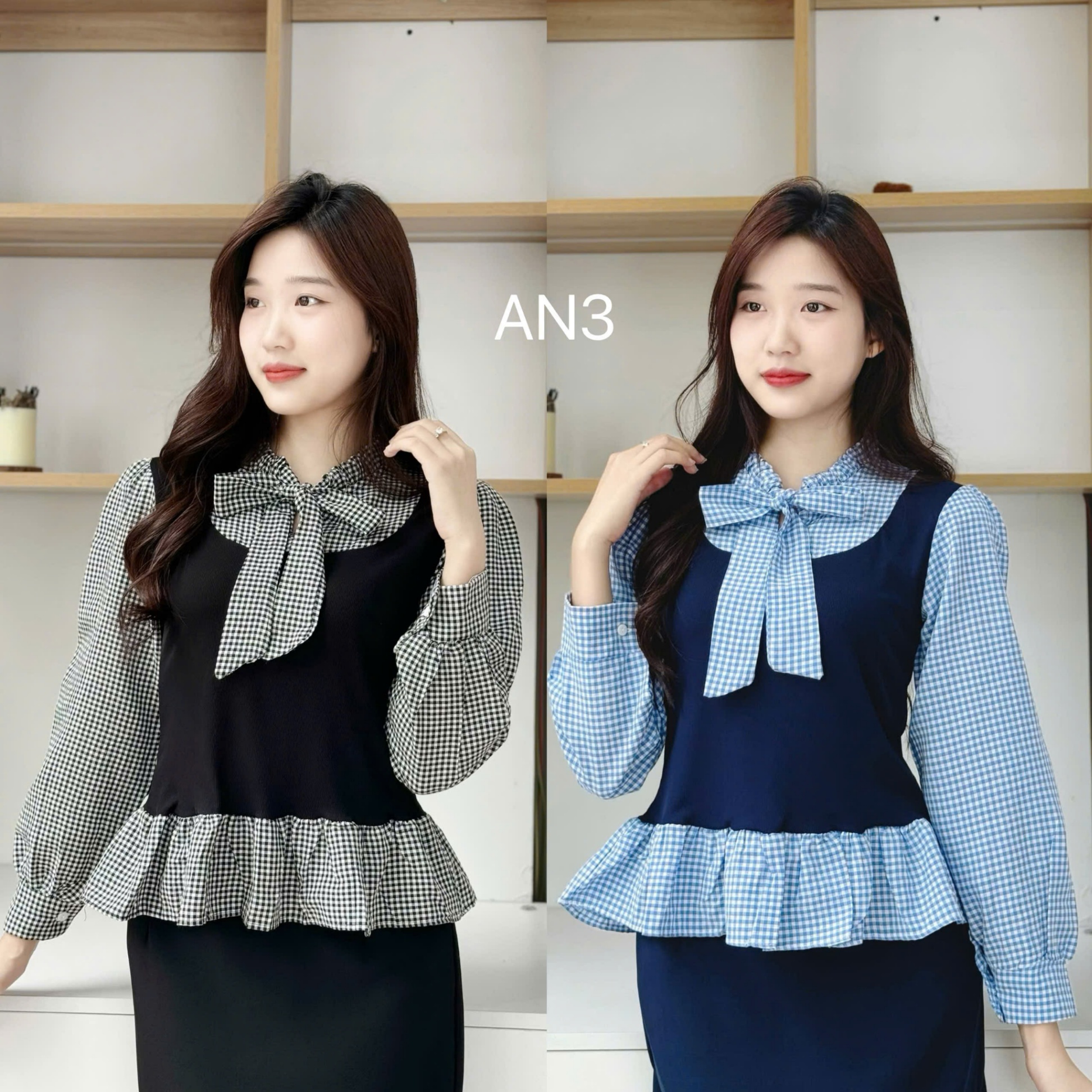 AN3 áo kẻ nơ cổ thân yếm