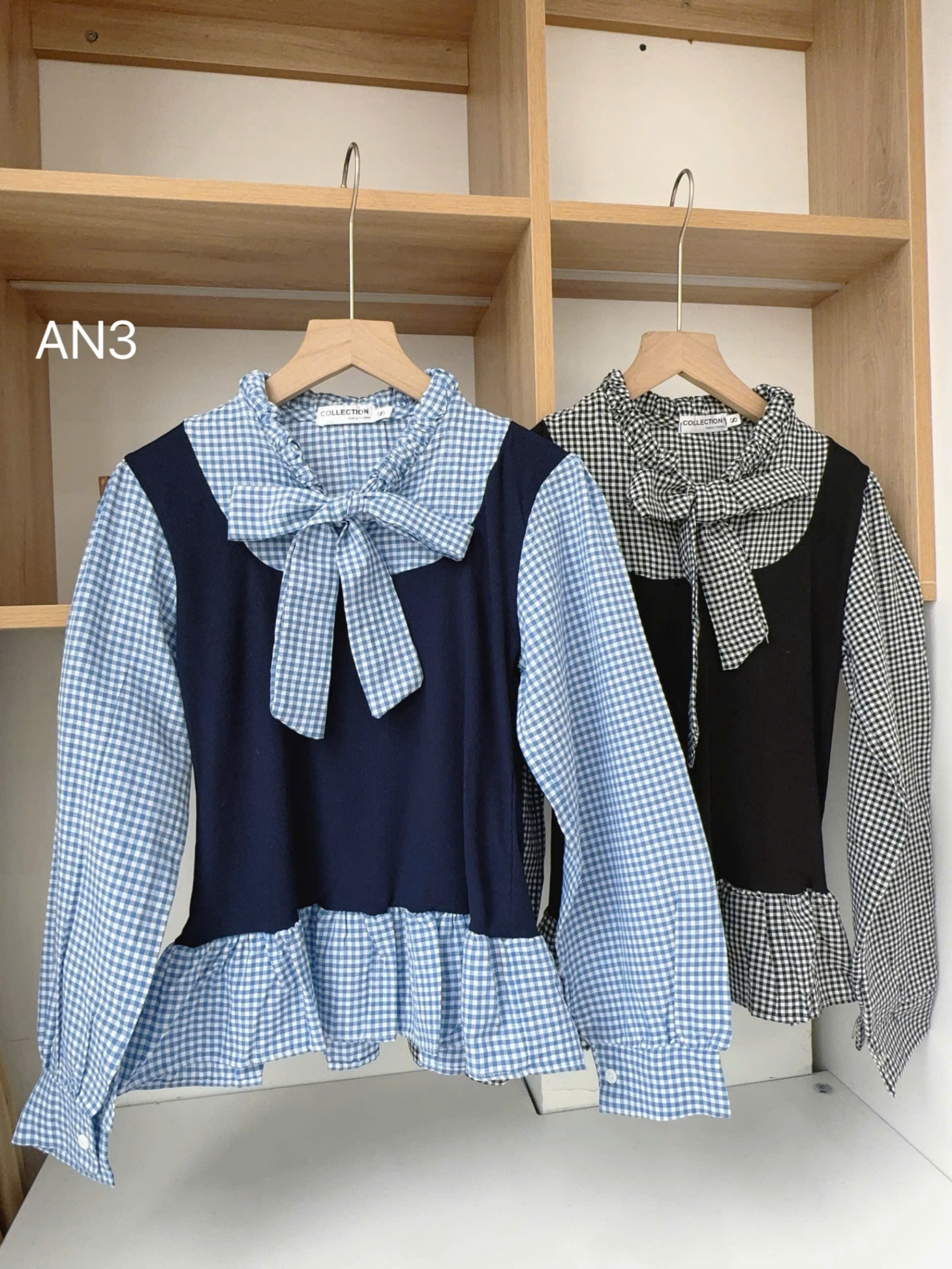 AN3 áo kẻ nơ cổ thân yếm