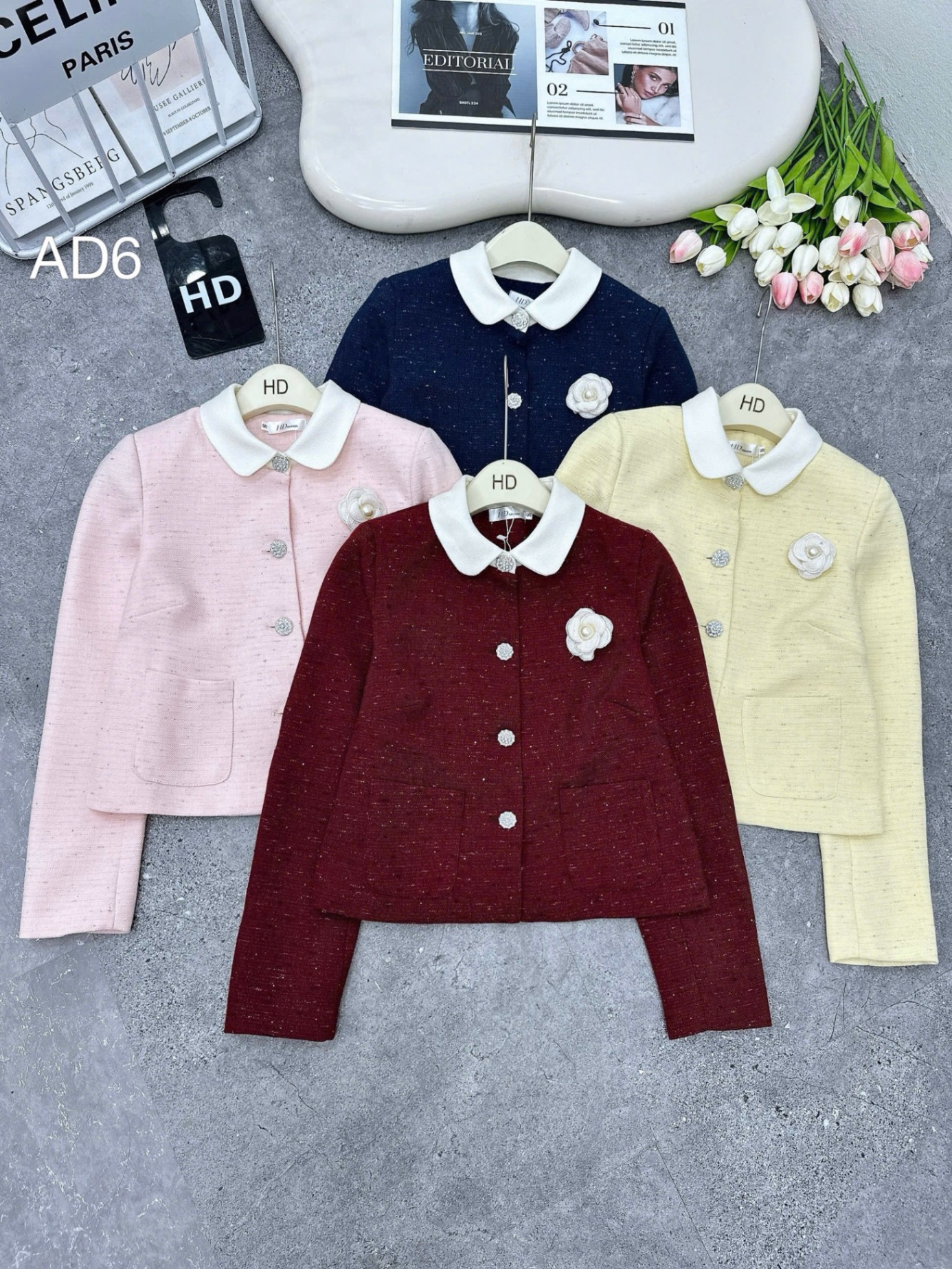 AD6 áo dạ hoa trà cổ trắng