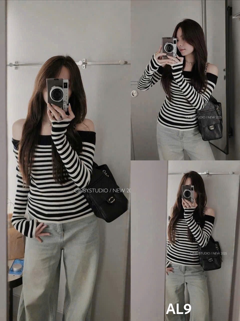 AL9 Áo len kẻ trễ vai