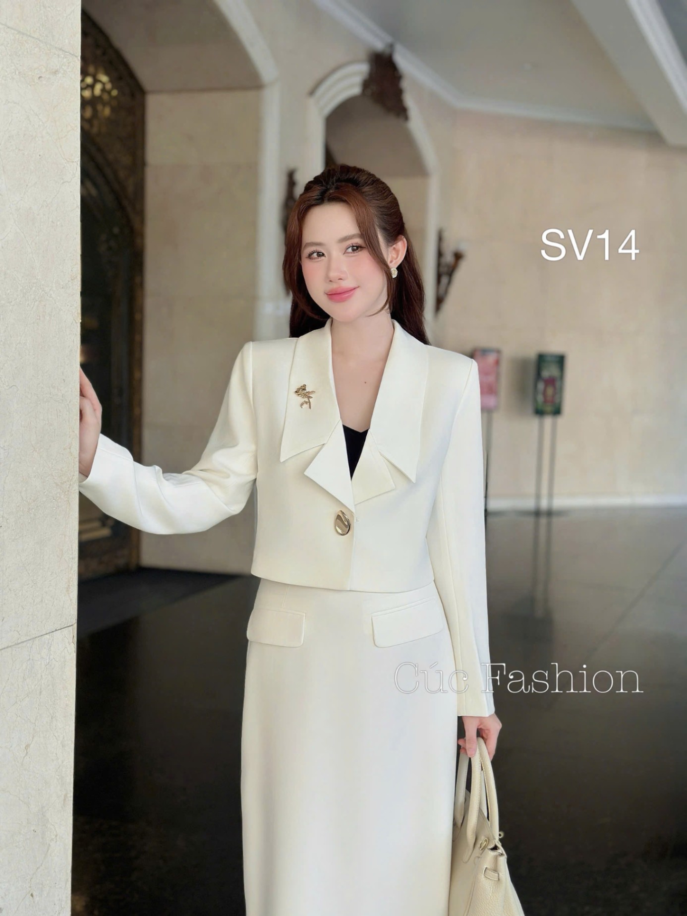 SV14 Sét vest cổ xẻ khuy trứng
