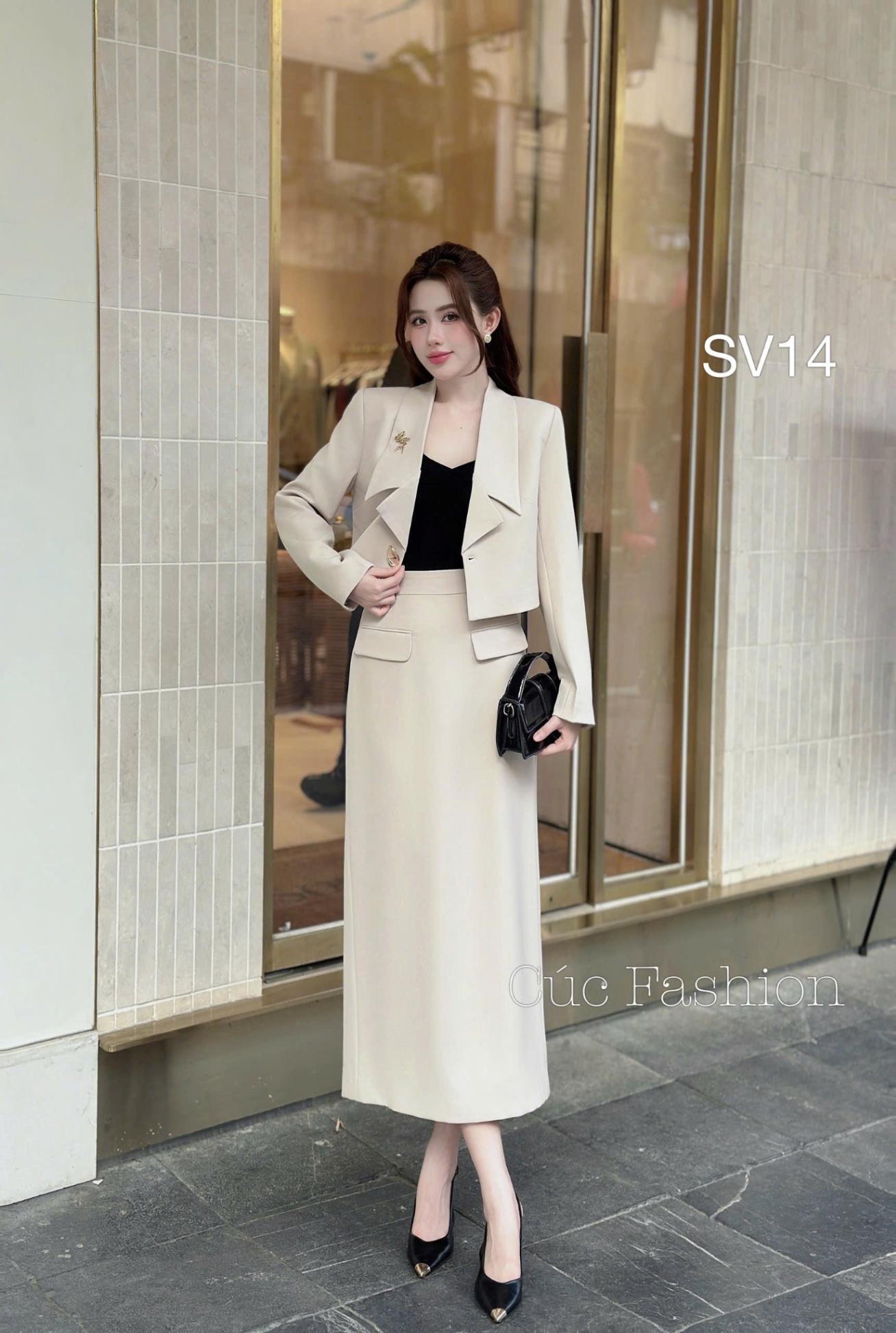 SV14 Sét vest cổ xẻ khuy trứng