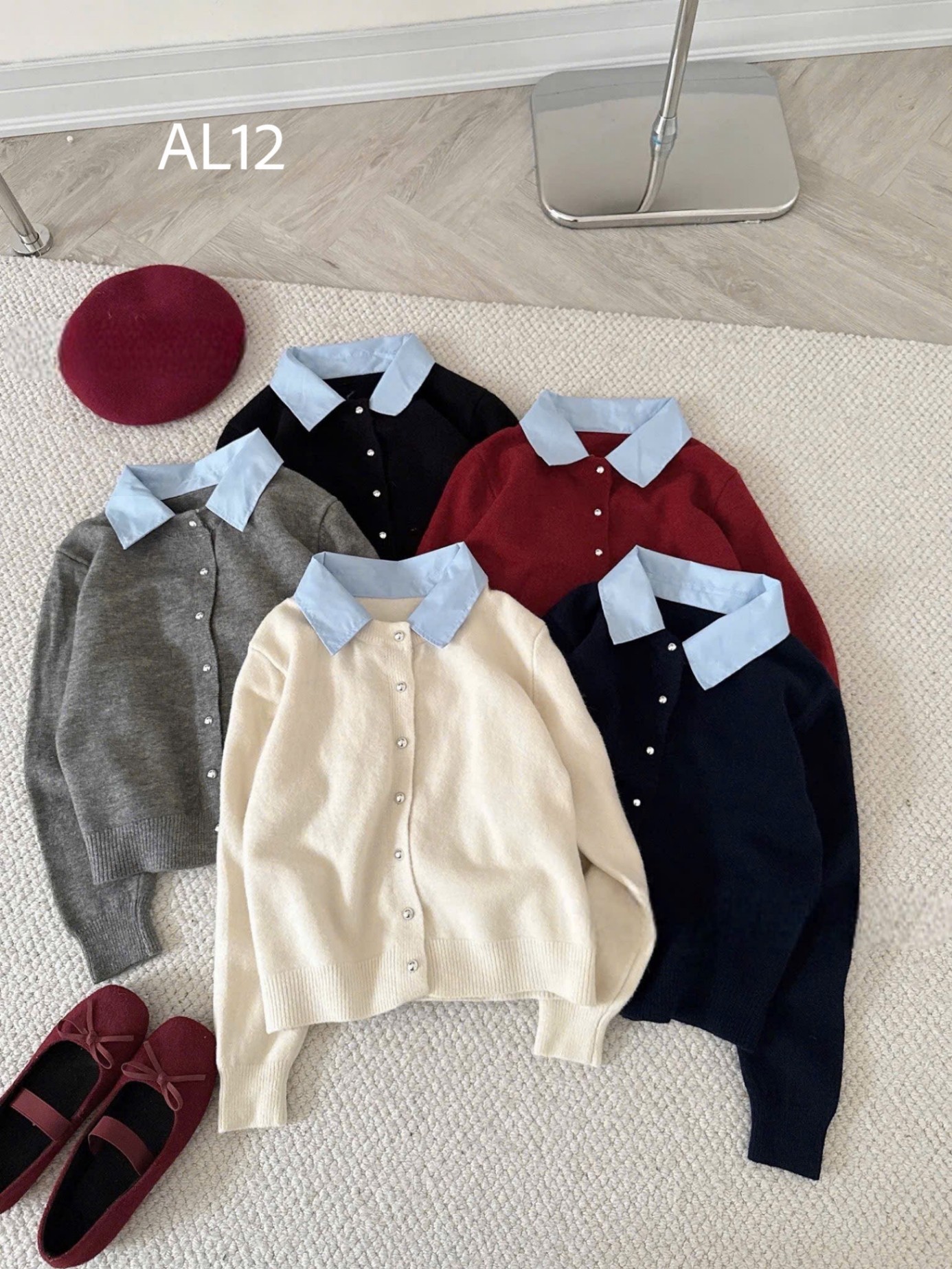 AL12 Áo len phối cổ sơ mi xanh