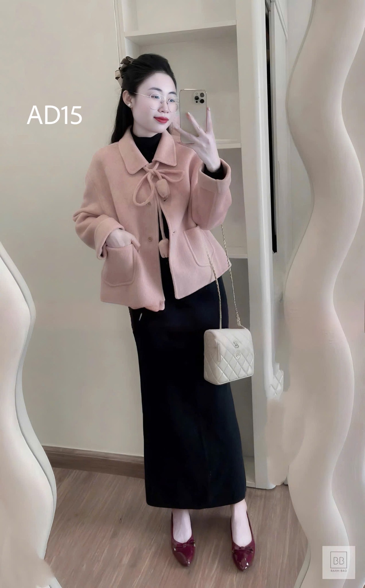 AD15 Áo dạ ép lông cừu nơ tulip