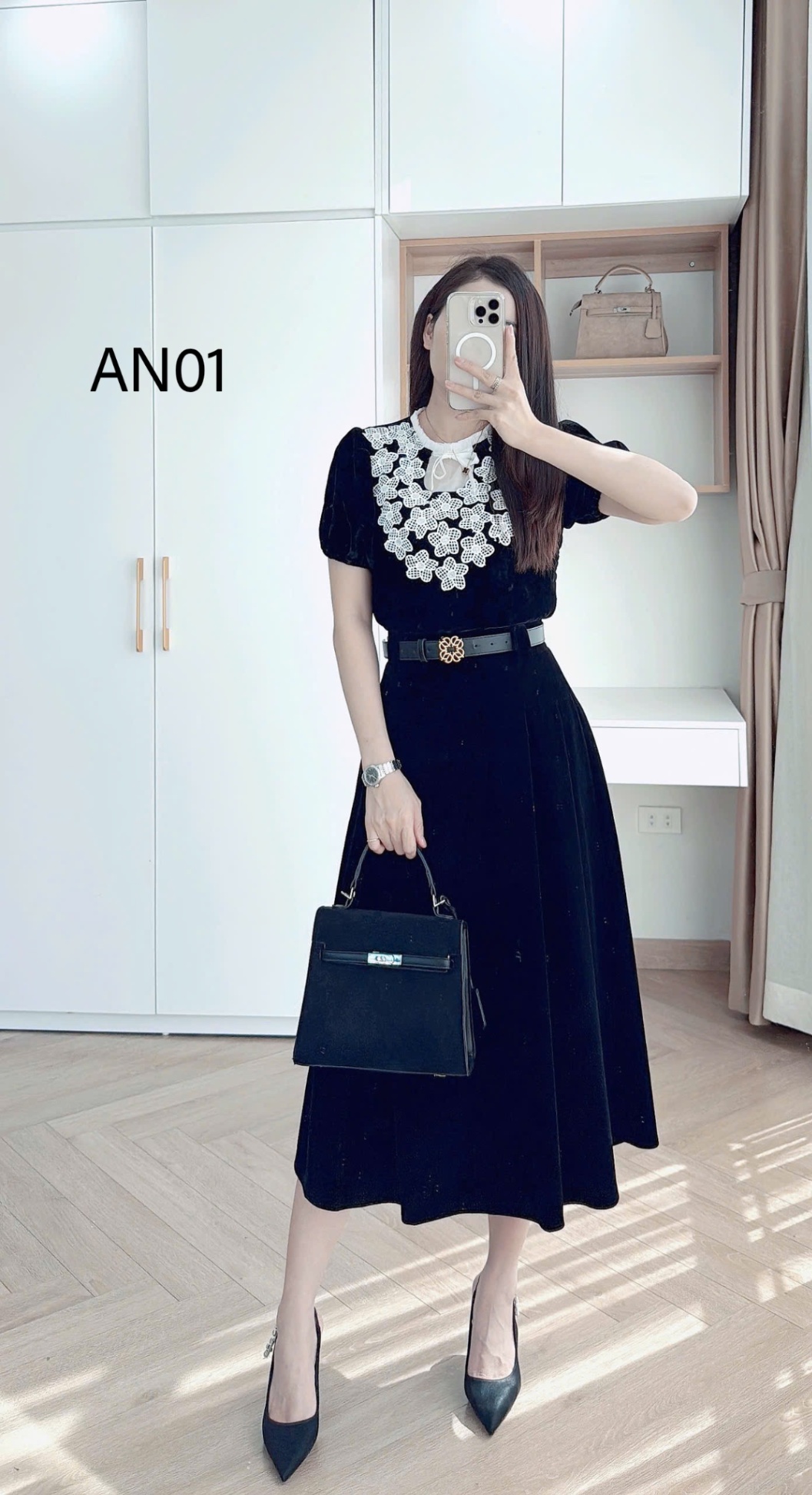 AN01 Áo nhung hoa tay bo