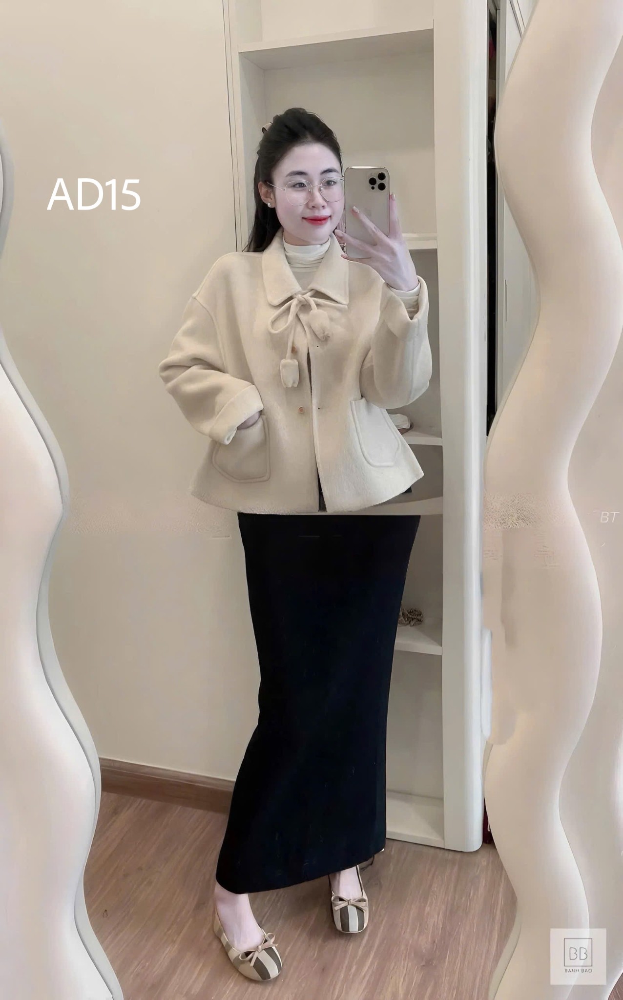 AD15 Áo dạ ép lông cừu nơ tulip