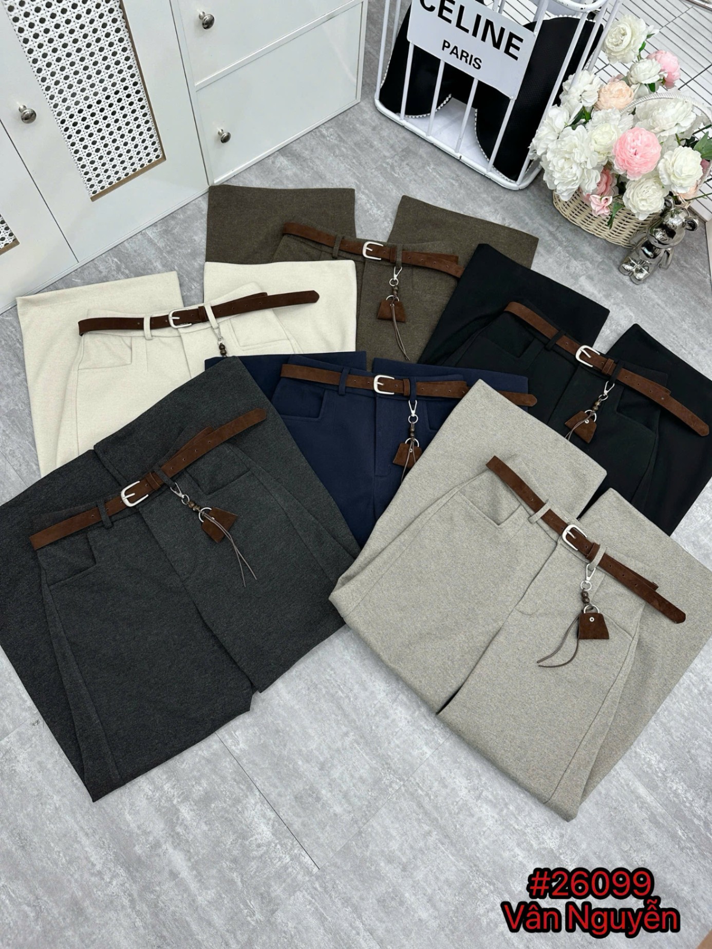 Q26099 Quần dạ QC kèm đai charm túi