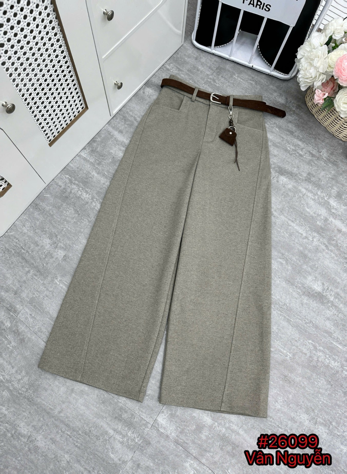 Q26099 Quần dạ QC kèm đai charm túi