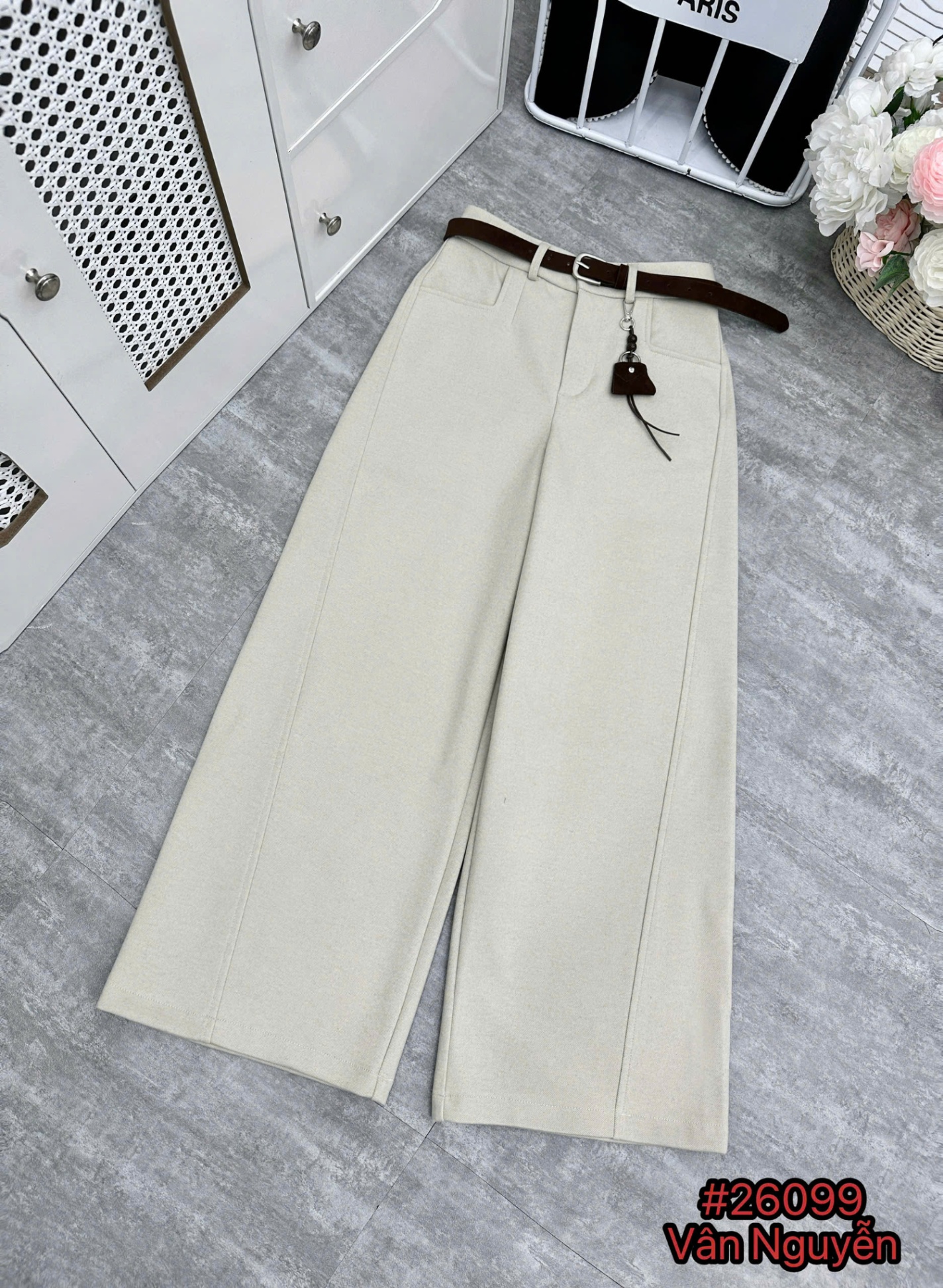 Q26099 Quần dạ QC kèm đai charm túi