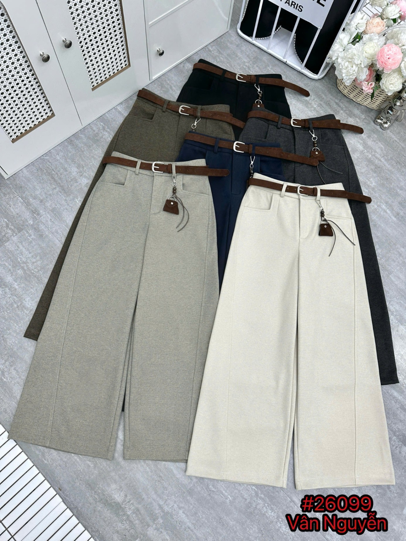 Q26099 Quần dạ QC kèm đai charm túi