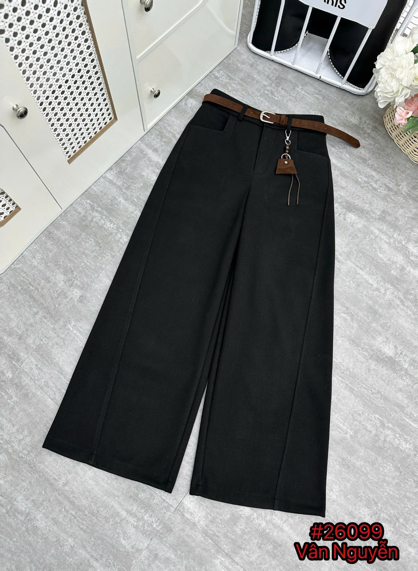 Q26099 Quần dạ QC kèm đai charm túi