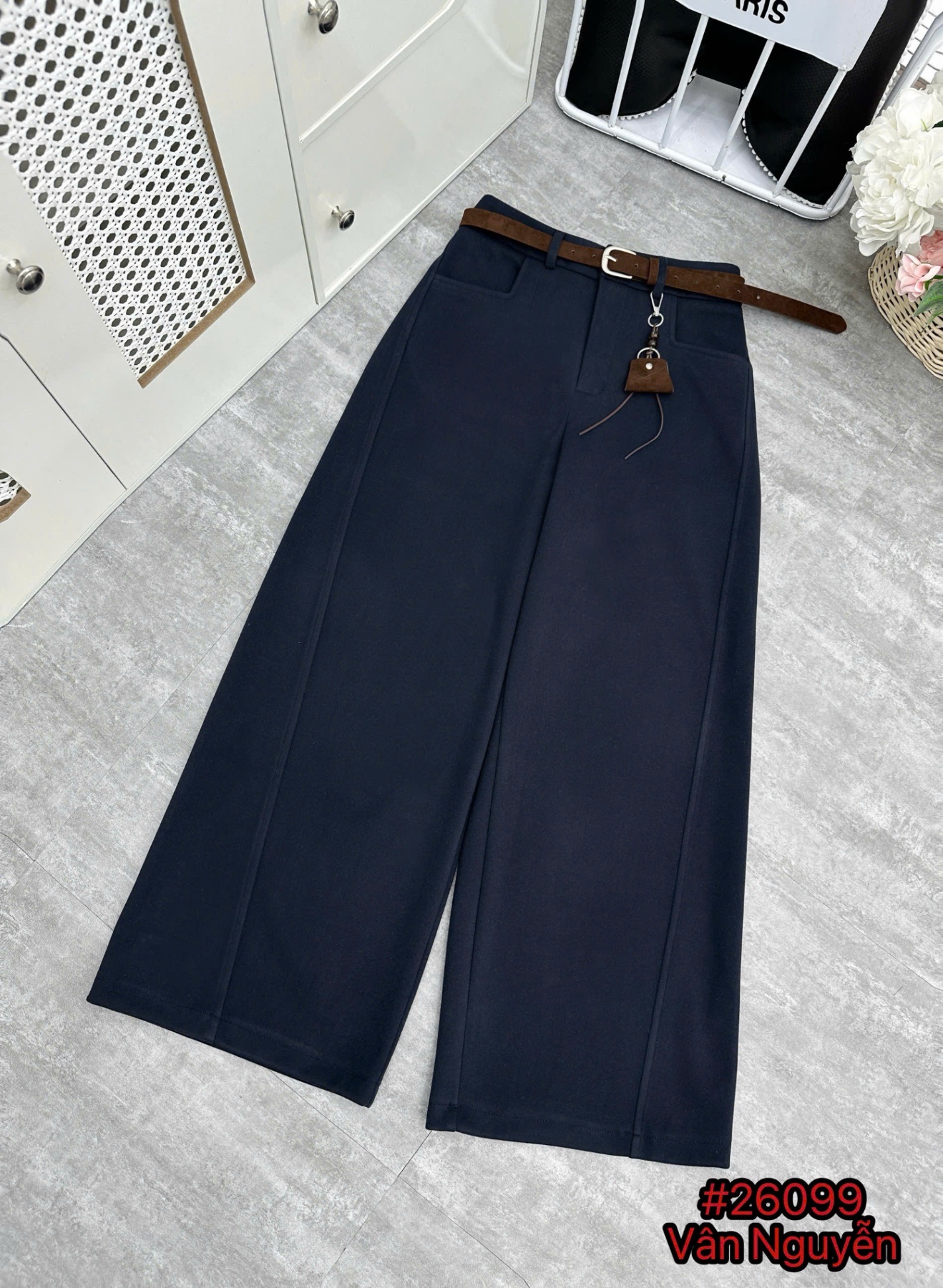 Q26099 Quần dạ QC kèm đai charm túi