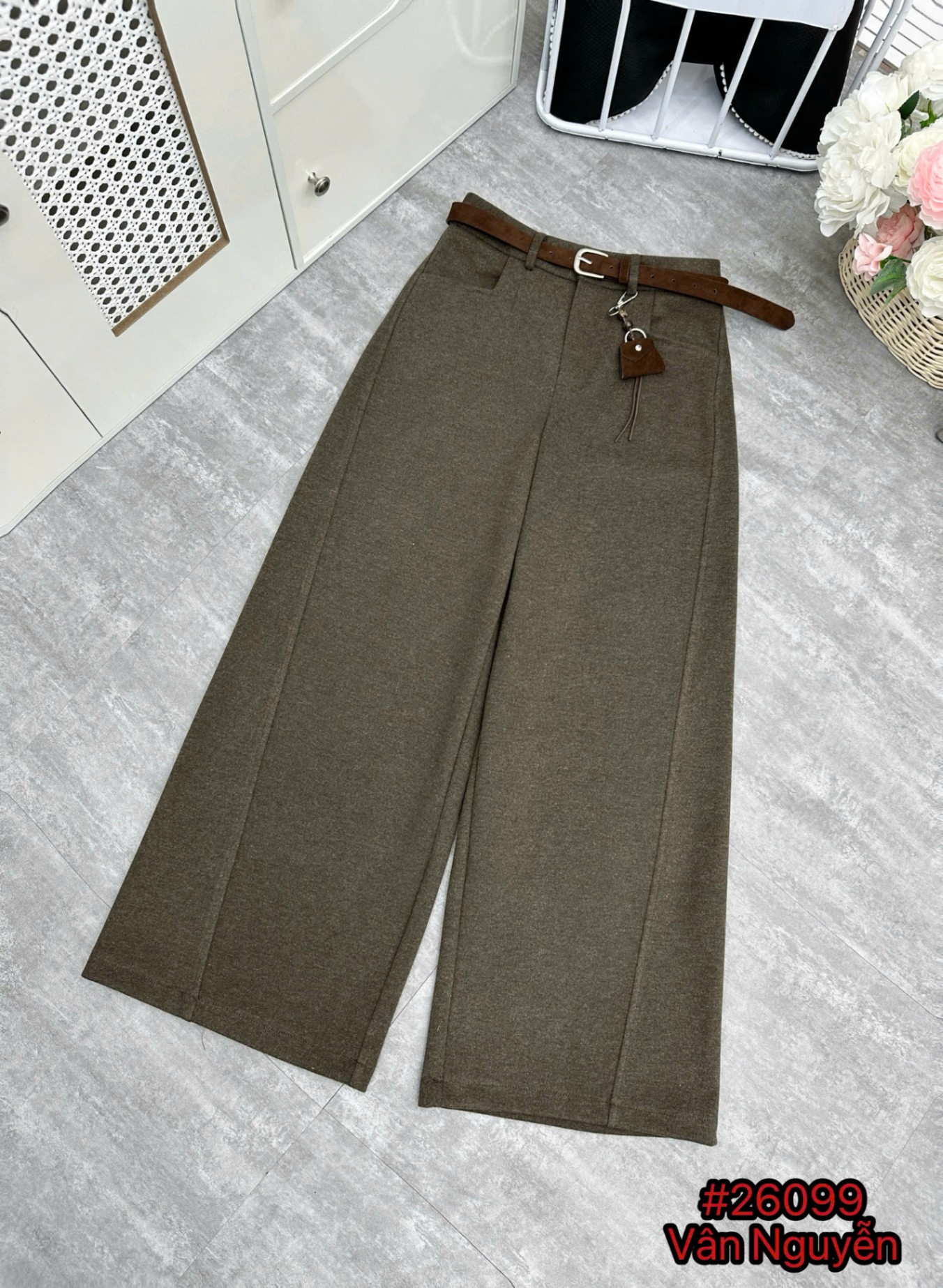 Q26099 Quần dạ QC kèm đai charm túi