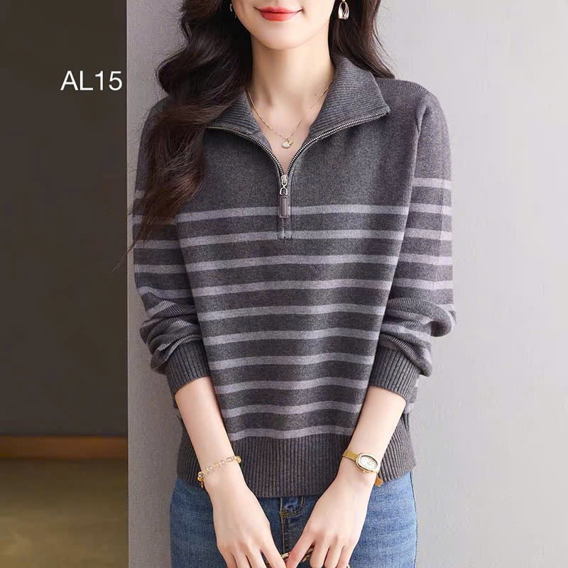AL15 Áo len kẻ cổ khóa