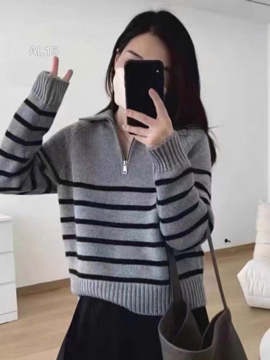AL15 Áo len kẻ cổ khóa