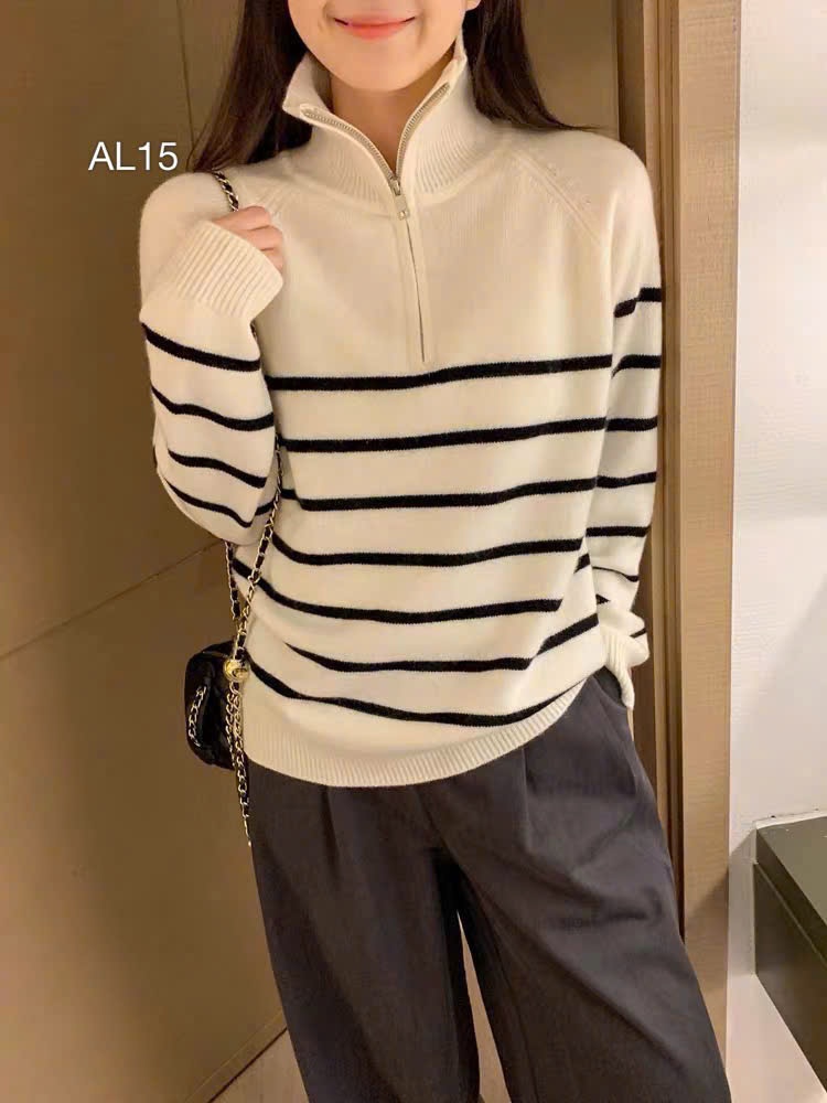 AL15 Áo len kẻ cổ khóa