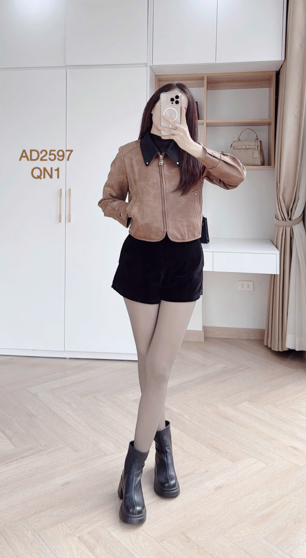 AD2597 áo da lộn cổ phối khóa B