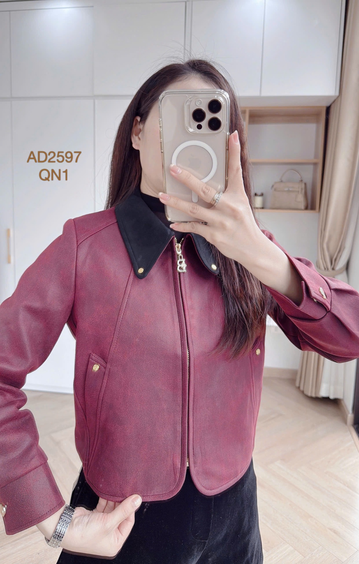AD2597 áo da lộn cổ phối khóa B