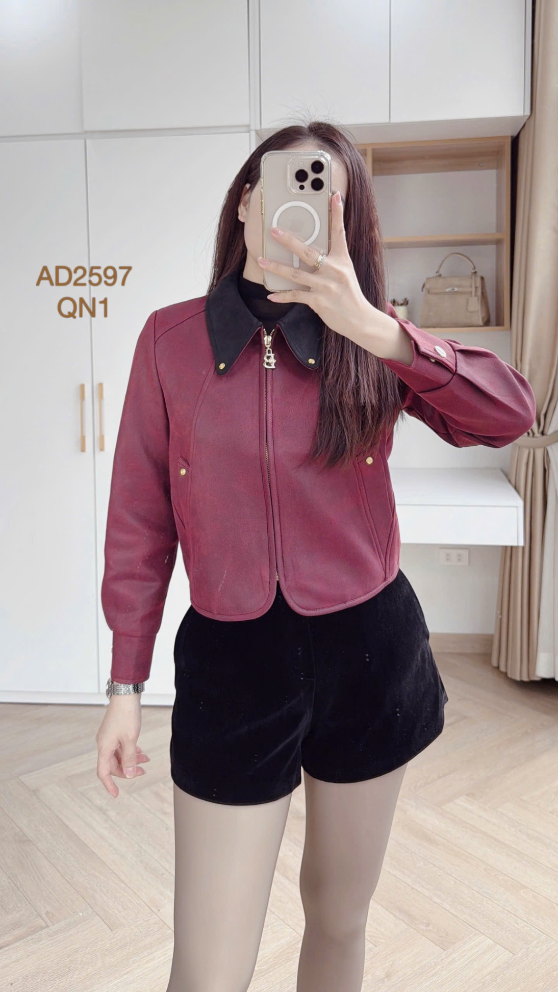 AD2597 áo da lộn cổ phối khóa B
