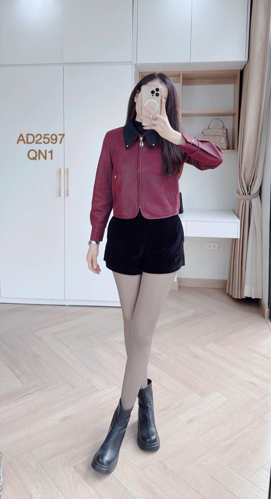 AD2597 áo da lộn cổ phối khóa B
