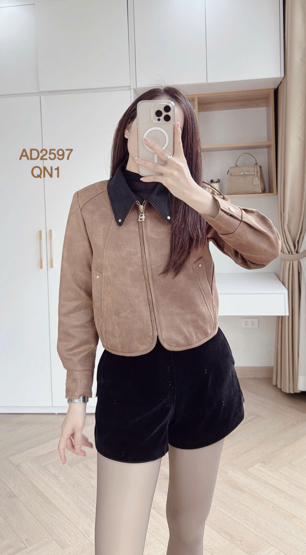 AD2597 áo da lộn cổ phối khóa B