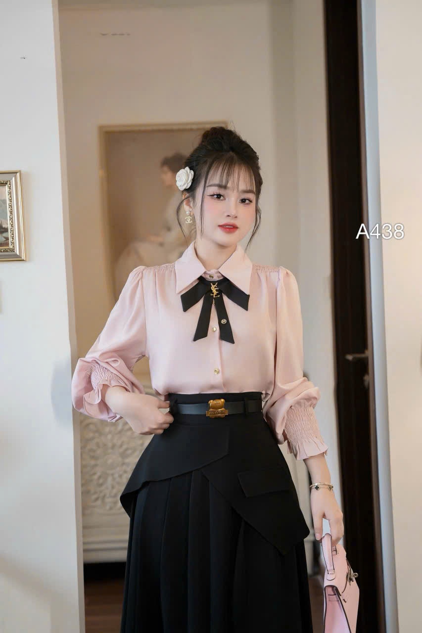 A438 áo tay nhún nơ cổ