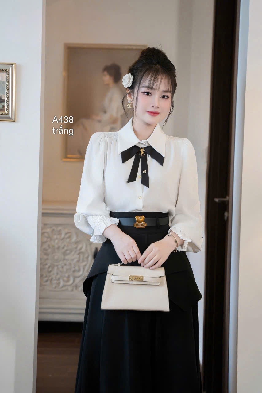 A438 áo tay nhún nơ cổ